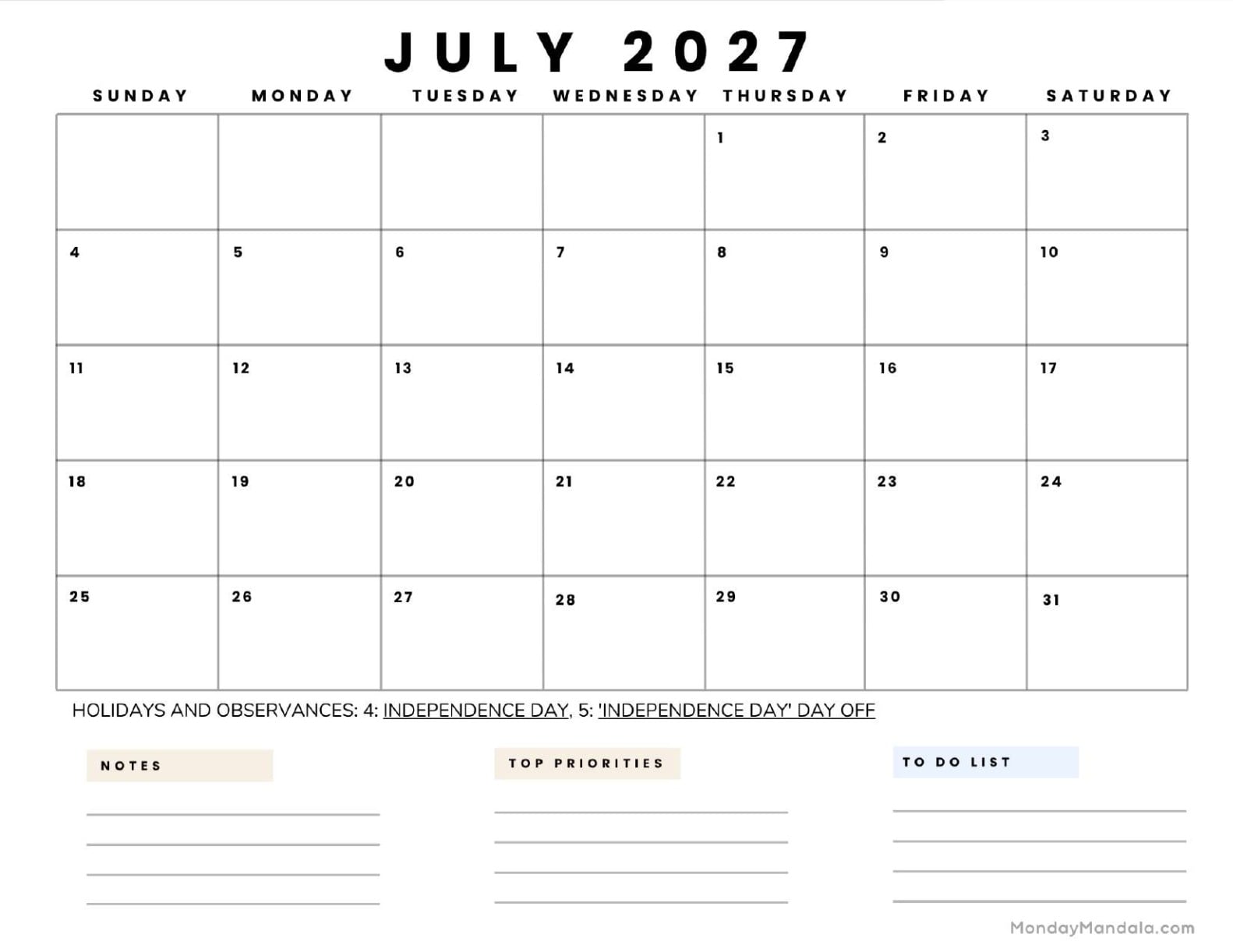 July 2027 Calendar Printable Business5 Landscape