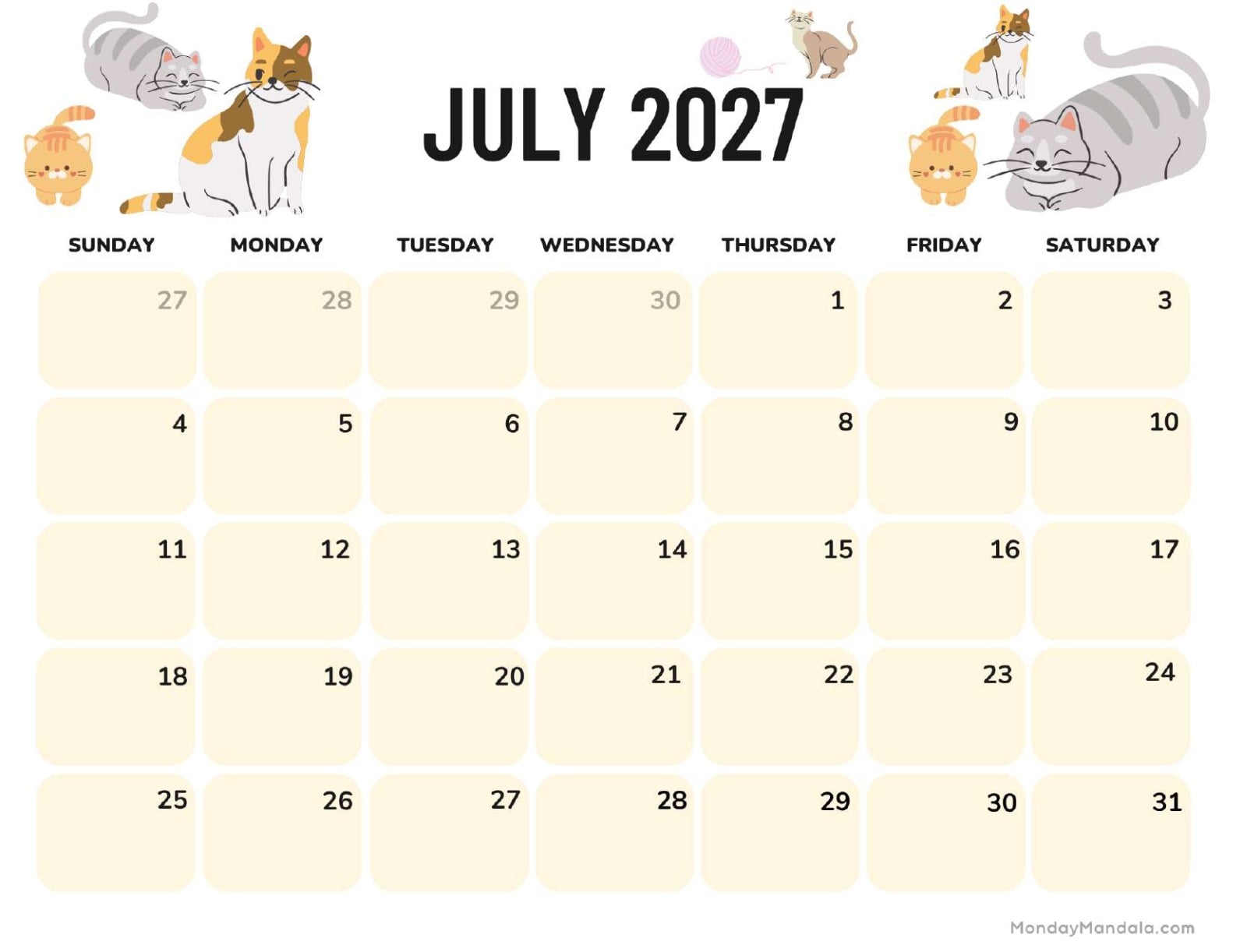 July 2027 Calendar Printable Cats Landscape