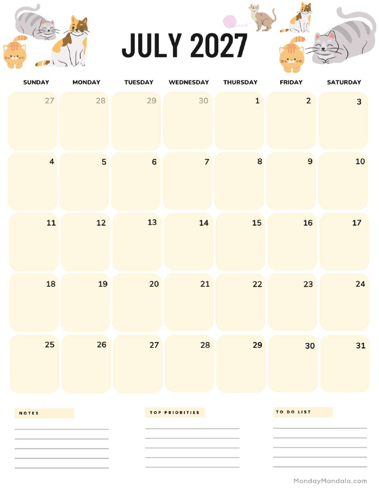 July 2027 Calendar Printable Cats Portrait