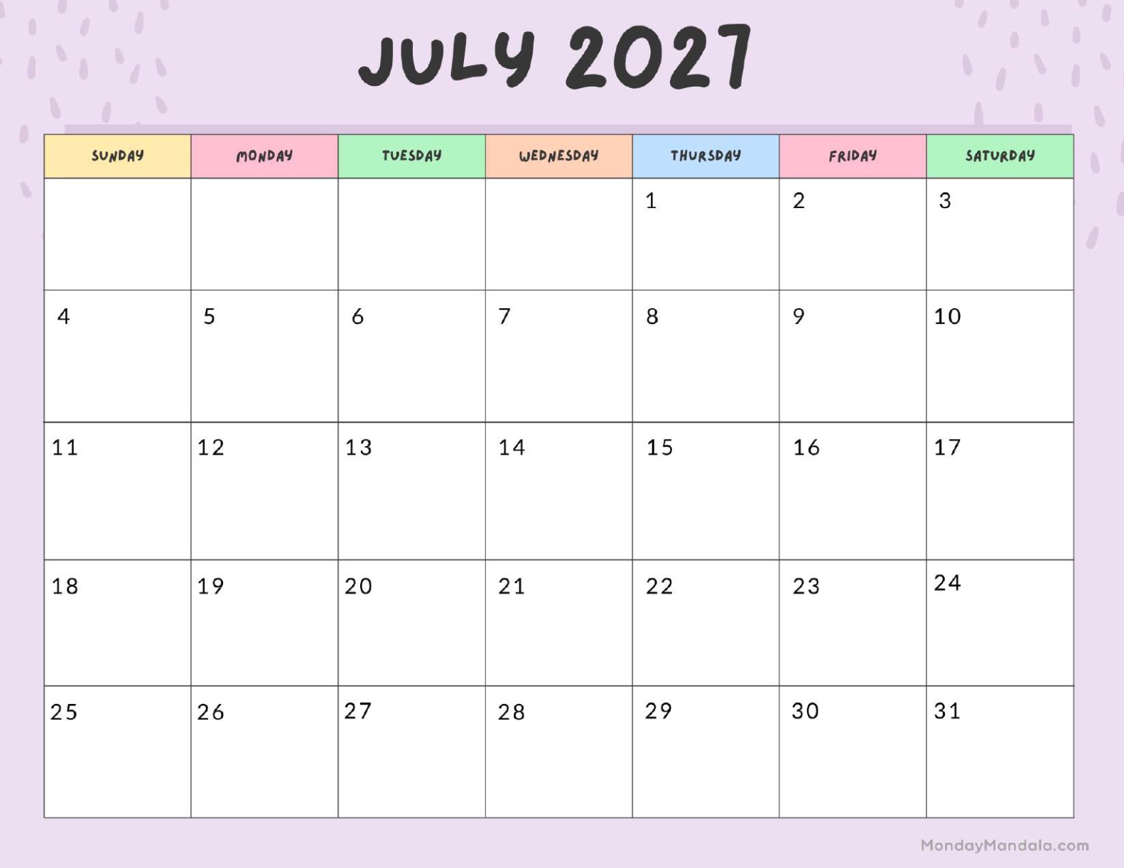 July 2027 Calendar Printable Colorful Landscape