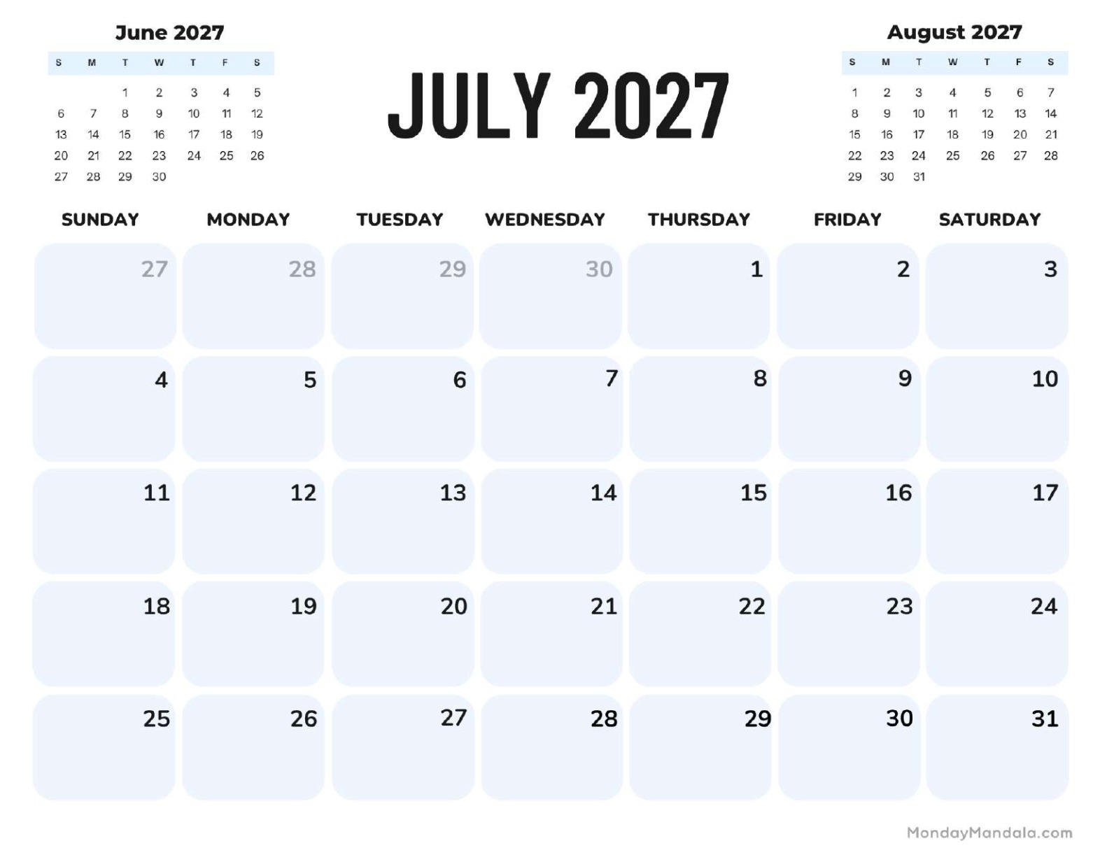 July 2027 Calendar Printable Corporate Landscape
