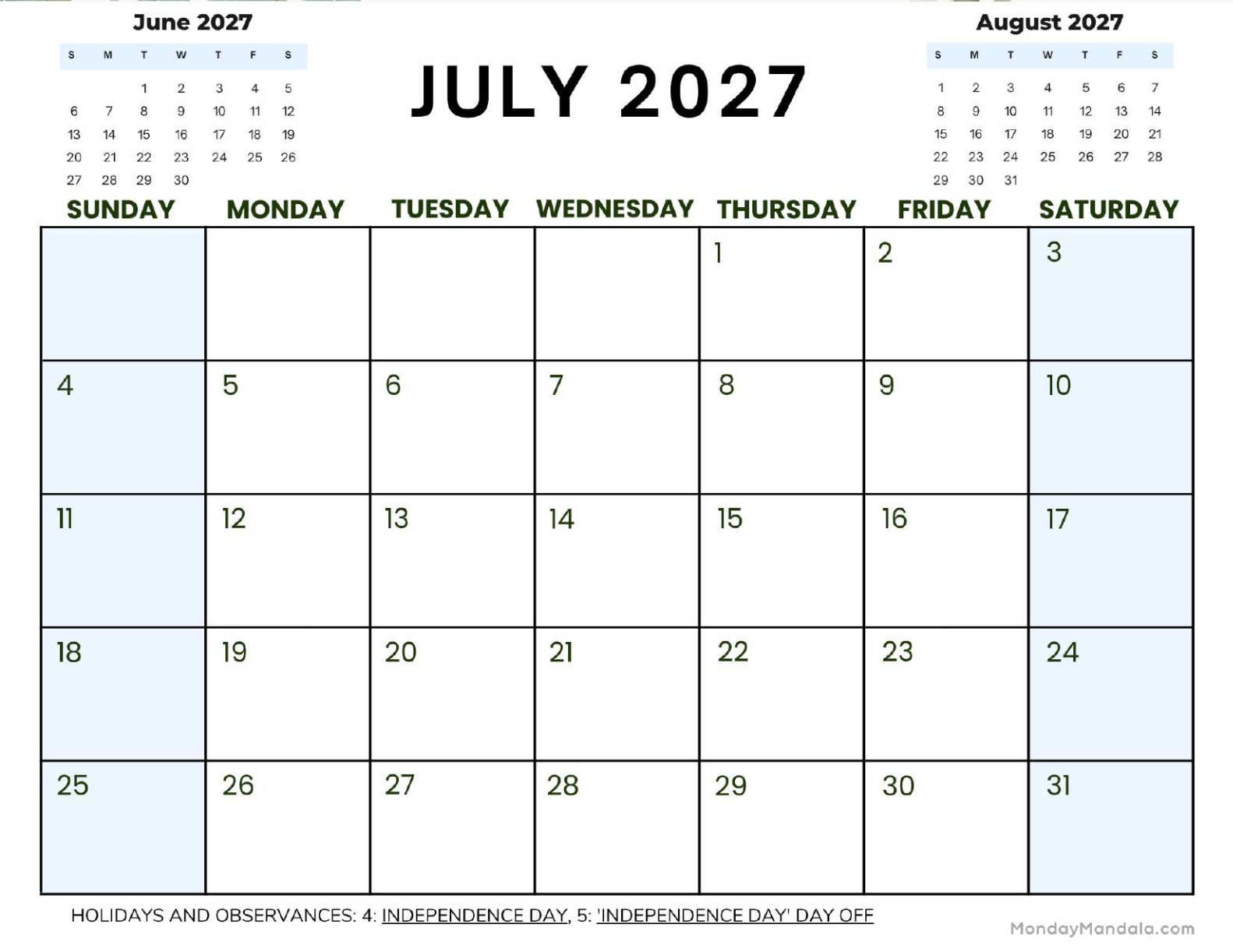 July 2027 Calendar Printable Corporate2 Landscape