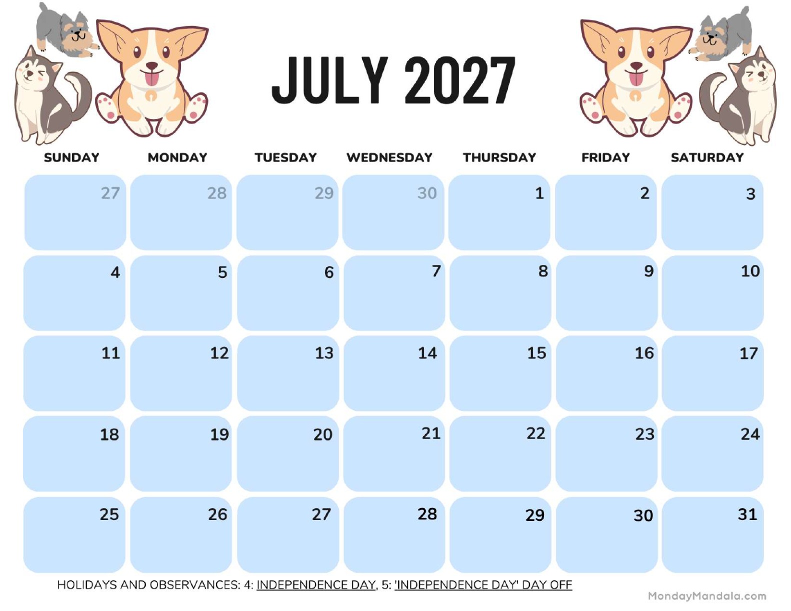 July 2027 Calendar Printable Dogs Landscape