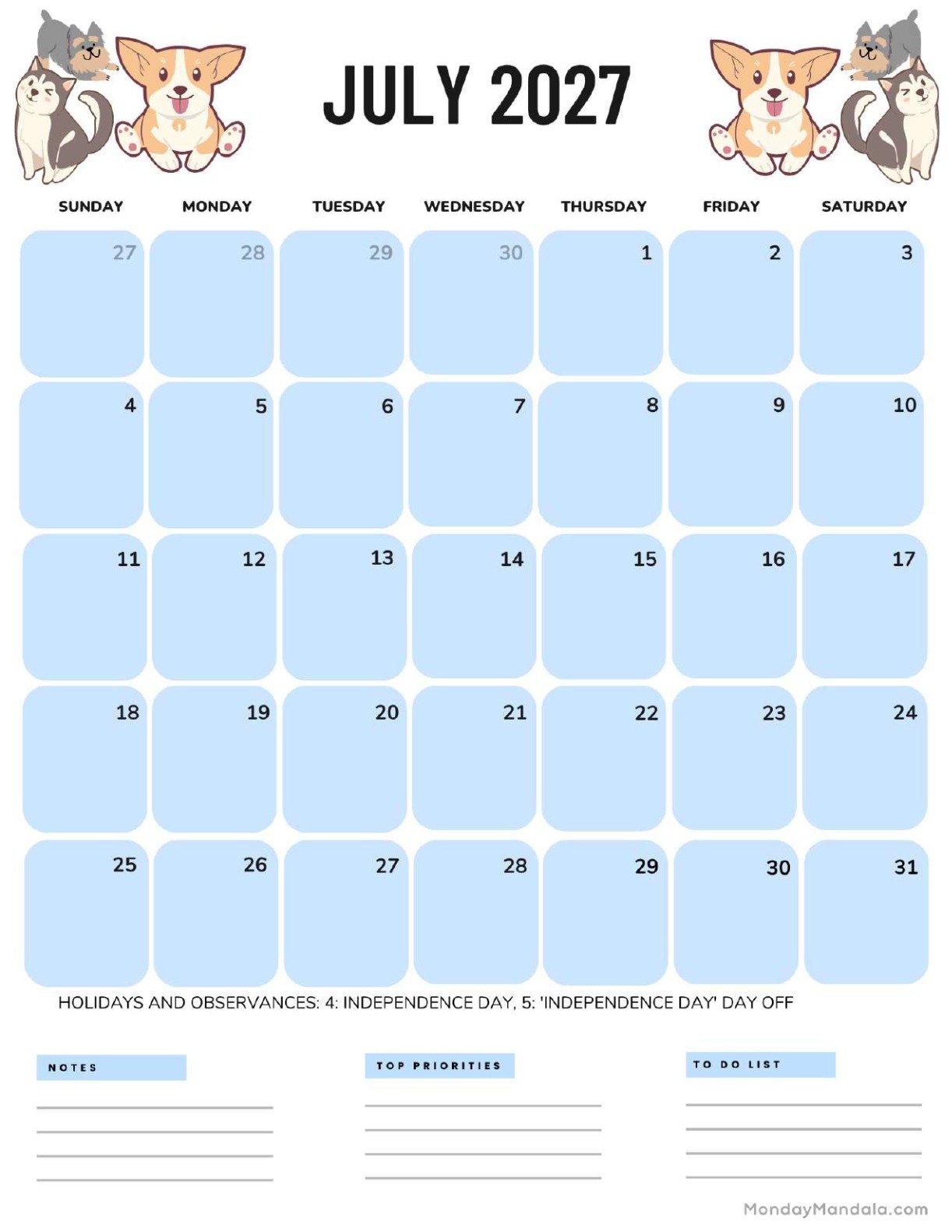 July 2027 Calendar Printable Dogs Portrait