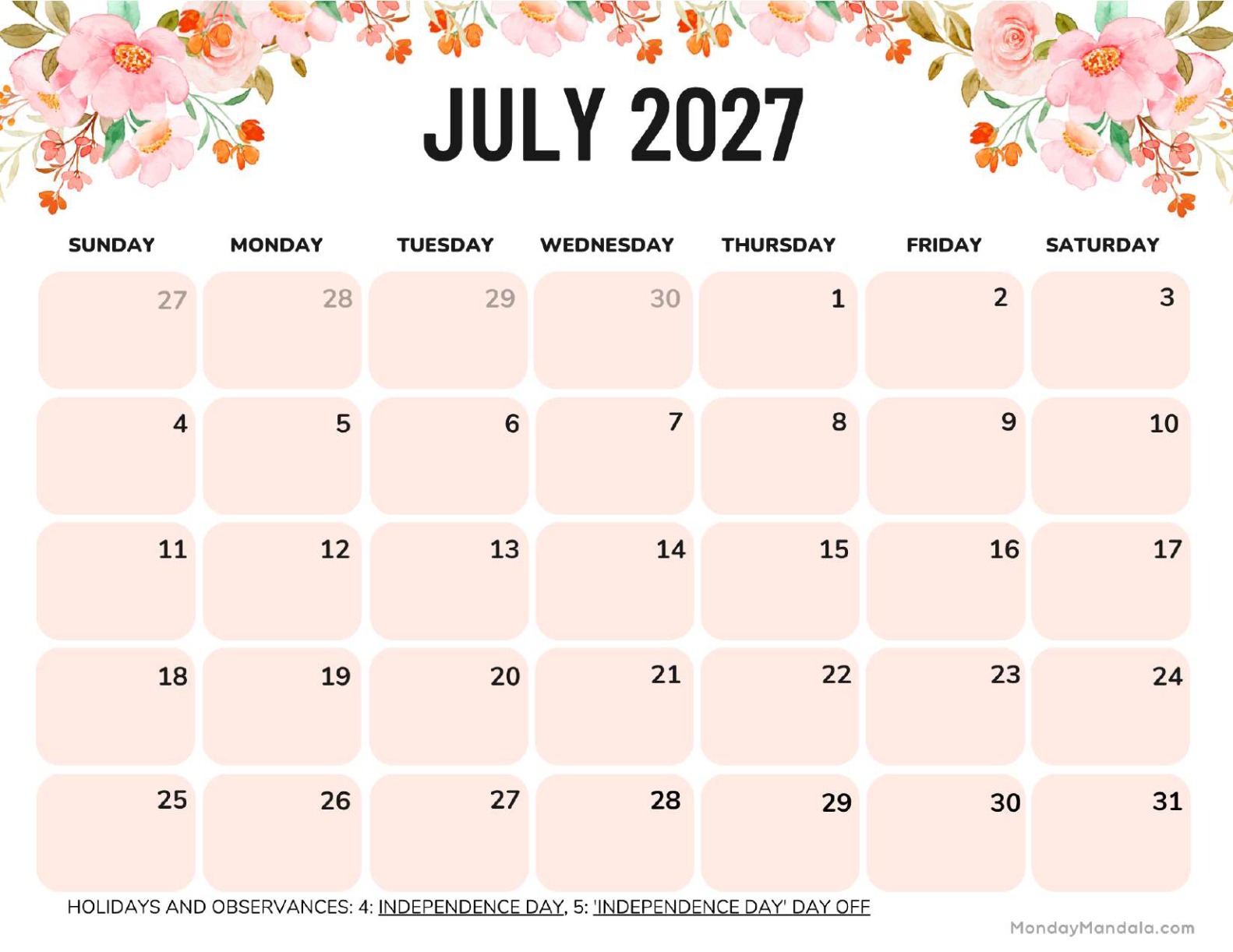 July 2027 Calendar Printable Flowers Landscape