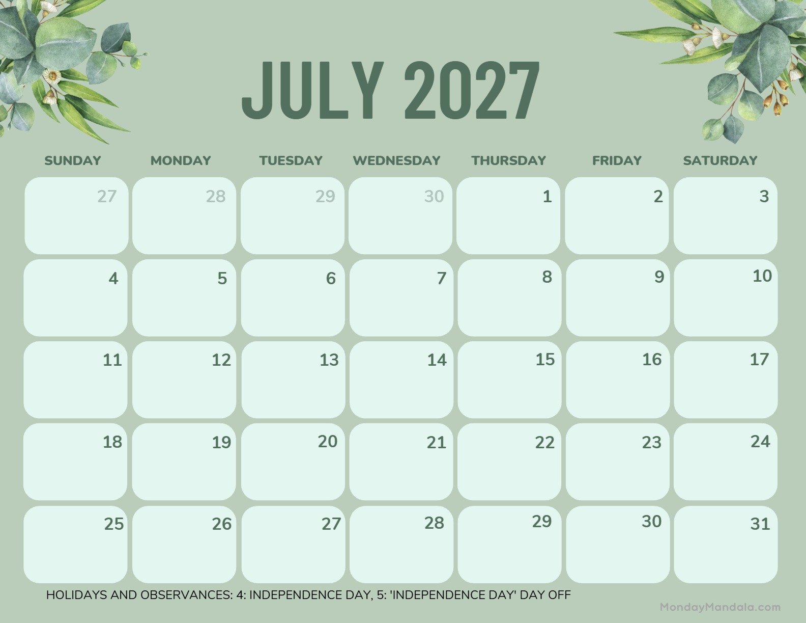 July 2027 Calendar Printable Green Landscape v2