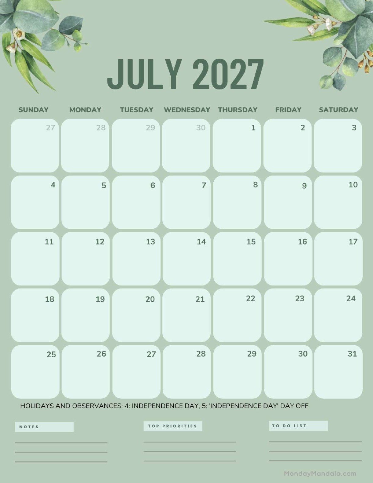 July 2027 Calendar Printable Green Portrait