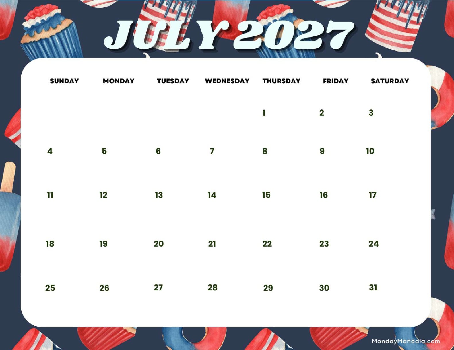 July 2027 Calendar Printable Independence Day 2 Landscape