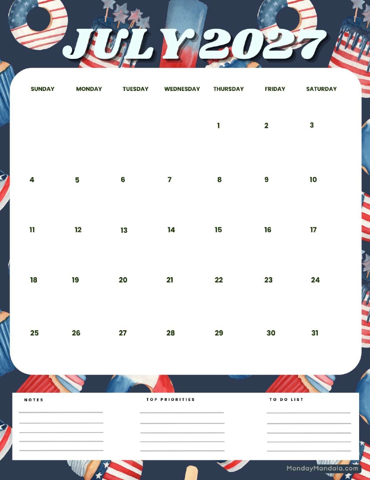 July 2027 Calendar Printable Independence Day 2 Portrait