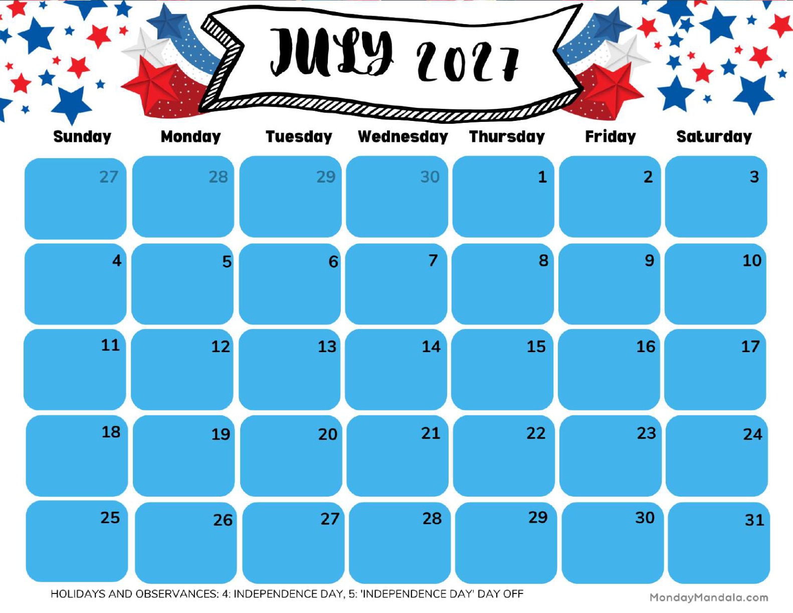 July 2027 Calendar Printable Independence Day 3 Landscape