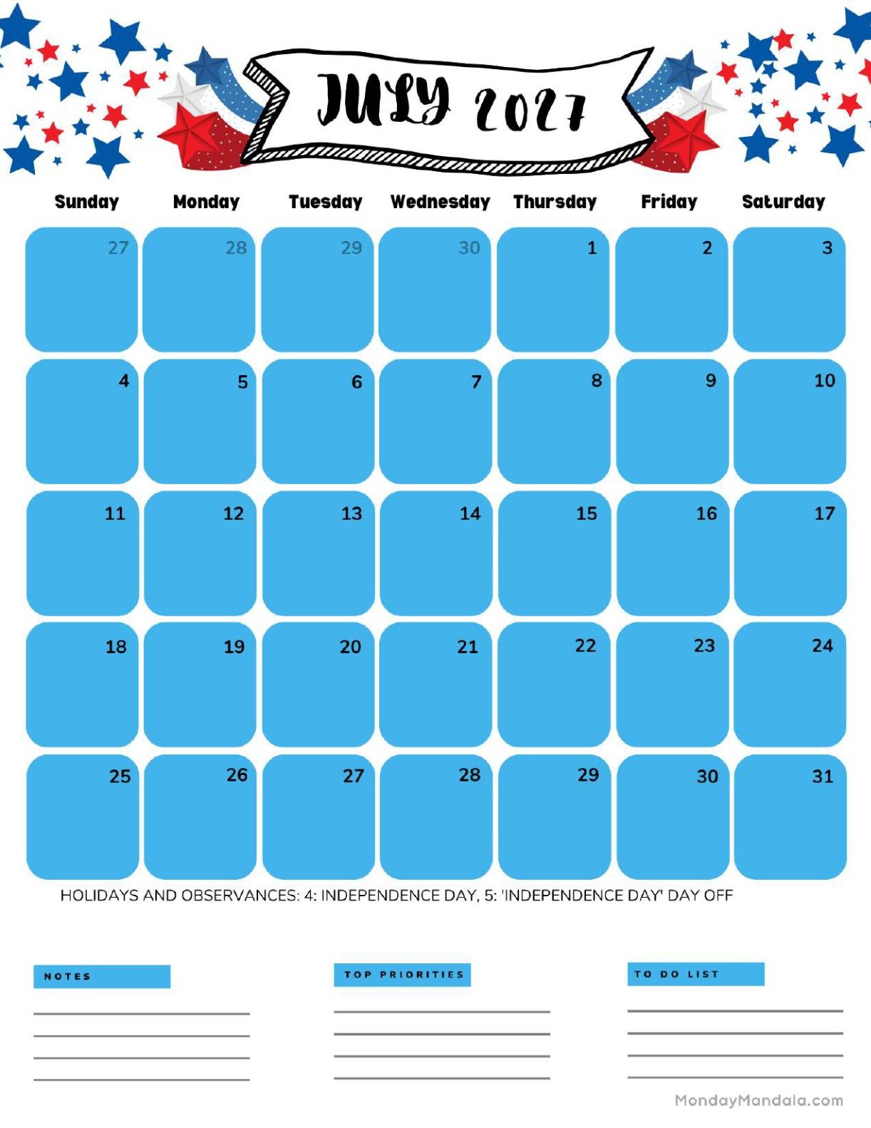 July 2027 Calendar Printable Independence Day 3 Portrait