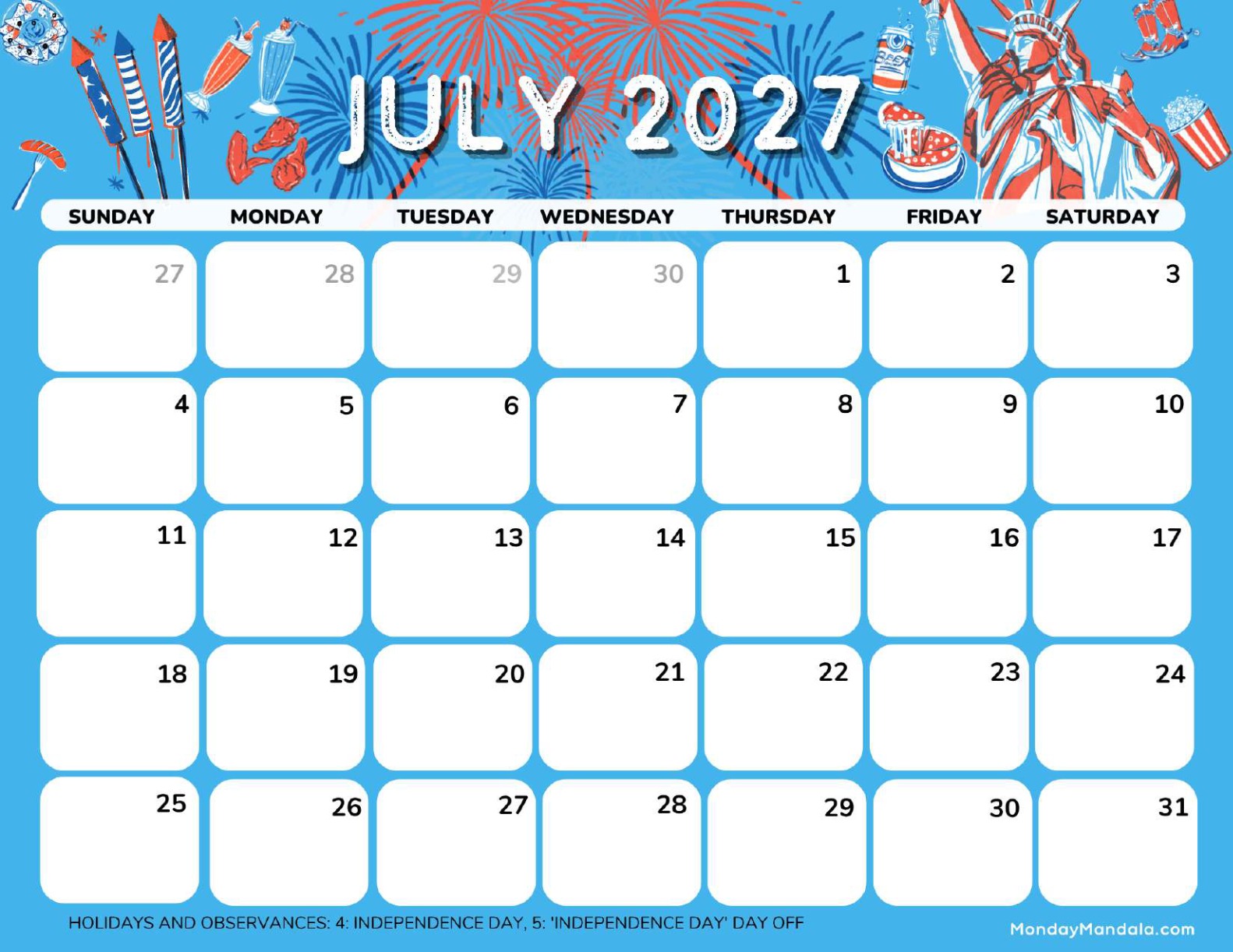 July 2027 Calendar Printable Independence Day Landscape