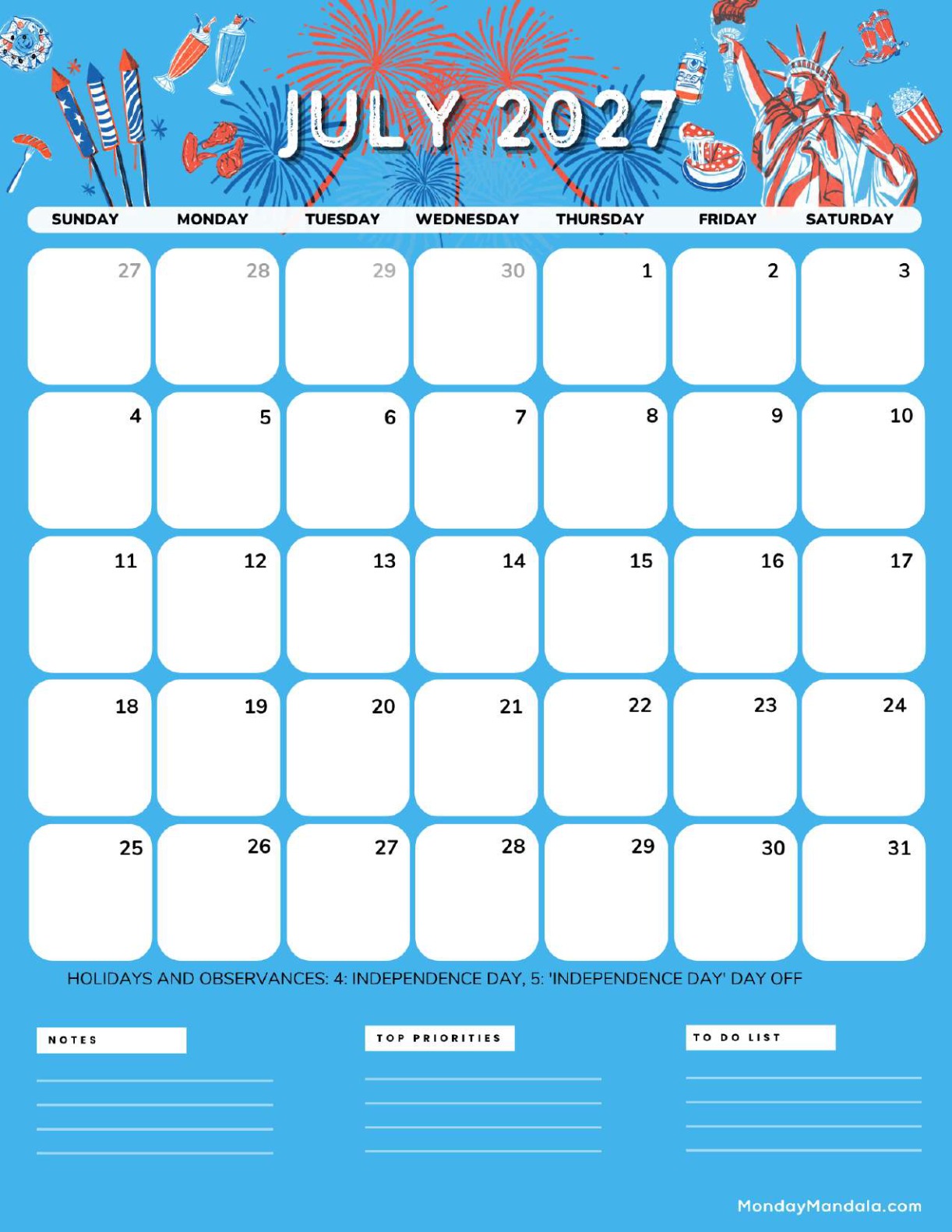 July 2027 Calendar Printable Independence Day Portrait