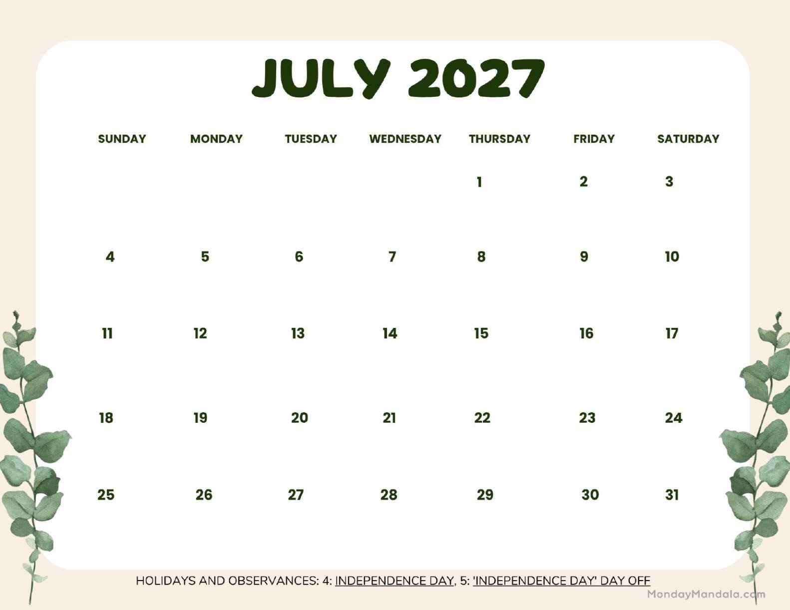 July 2027 Calendar Printable Leaves Landscape