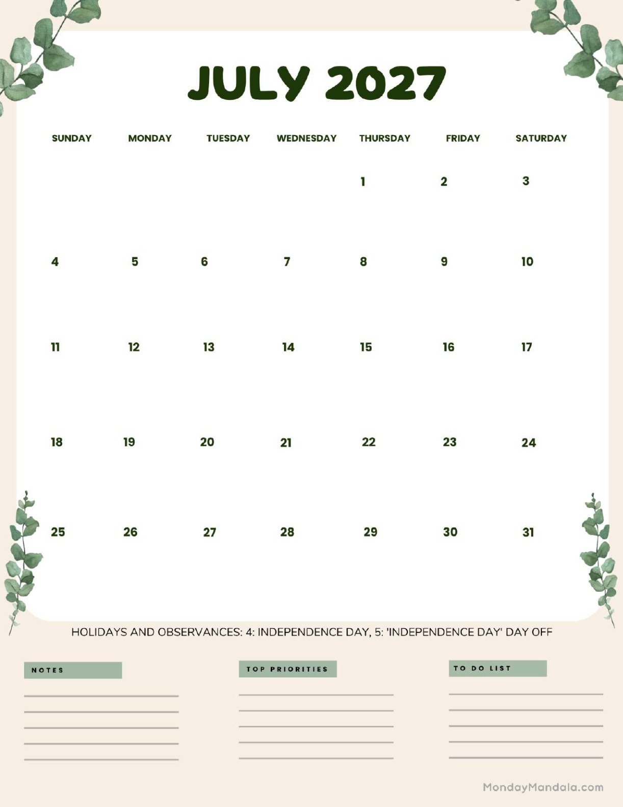 July 2027 Calendar Printable Leaves Portrait
