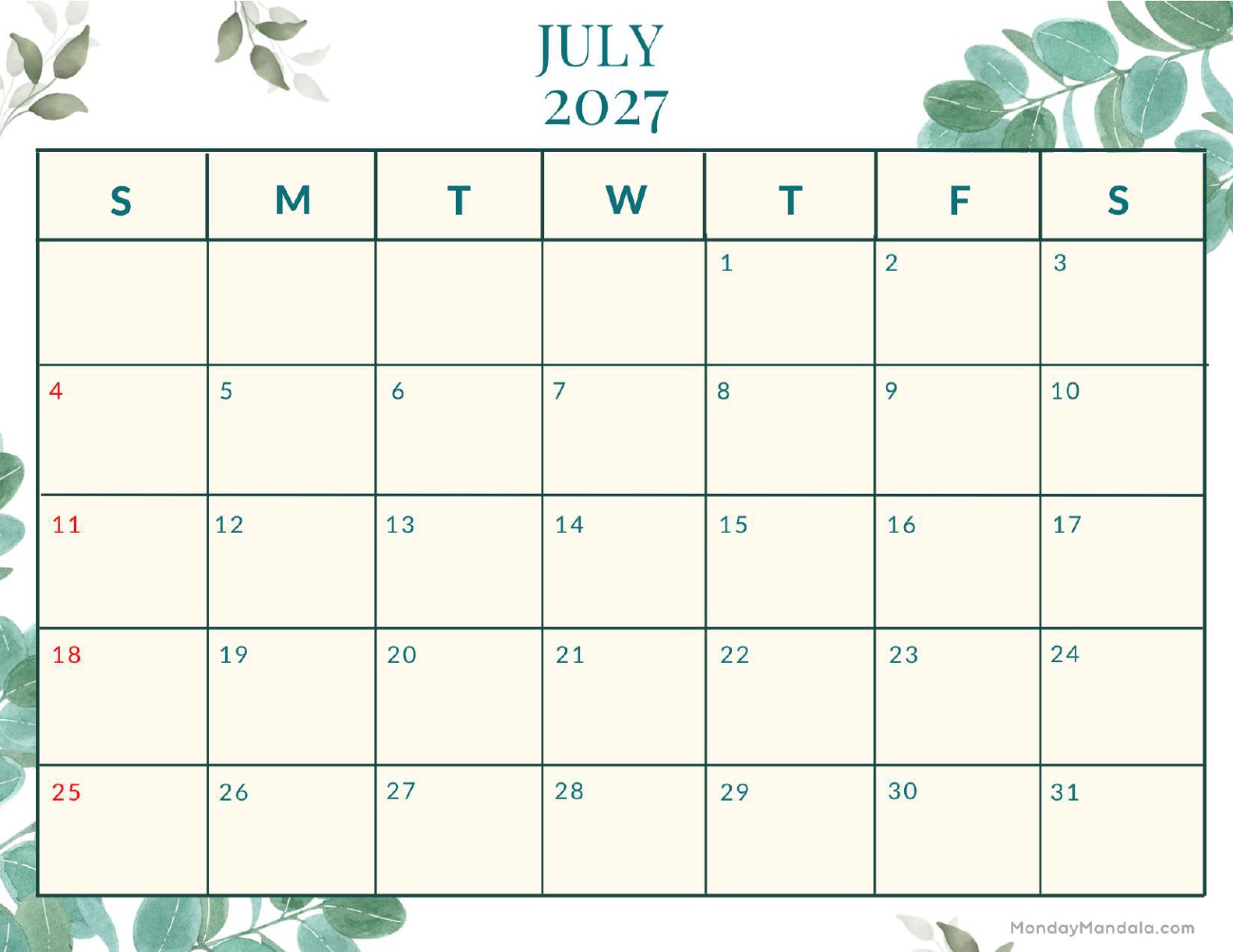 July 2027 Calendar Printable Nature Landscape
