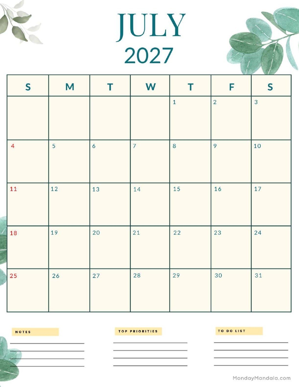 July 2027 Calendar Printable Nature Portrait 2