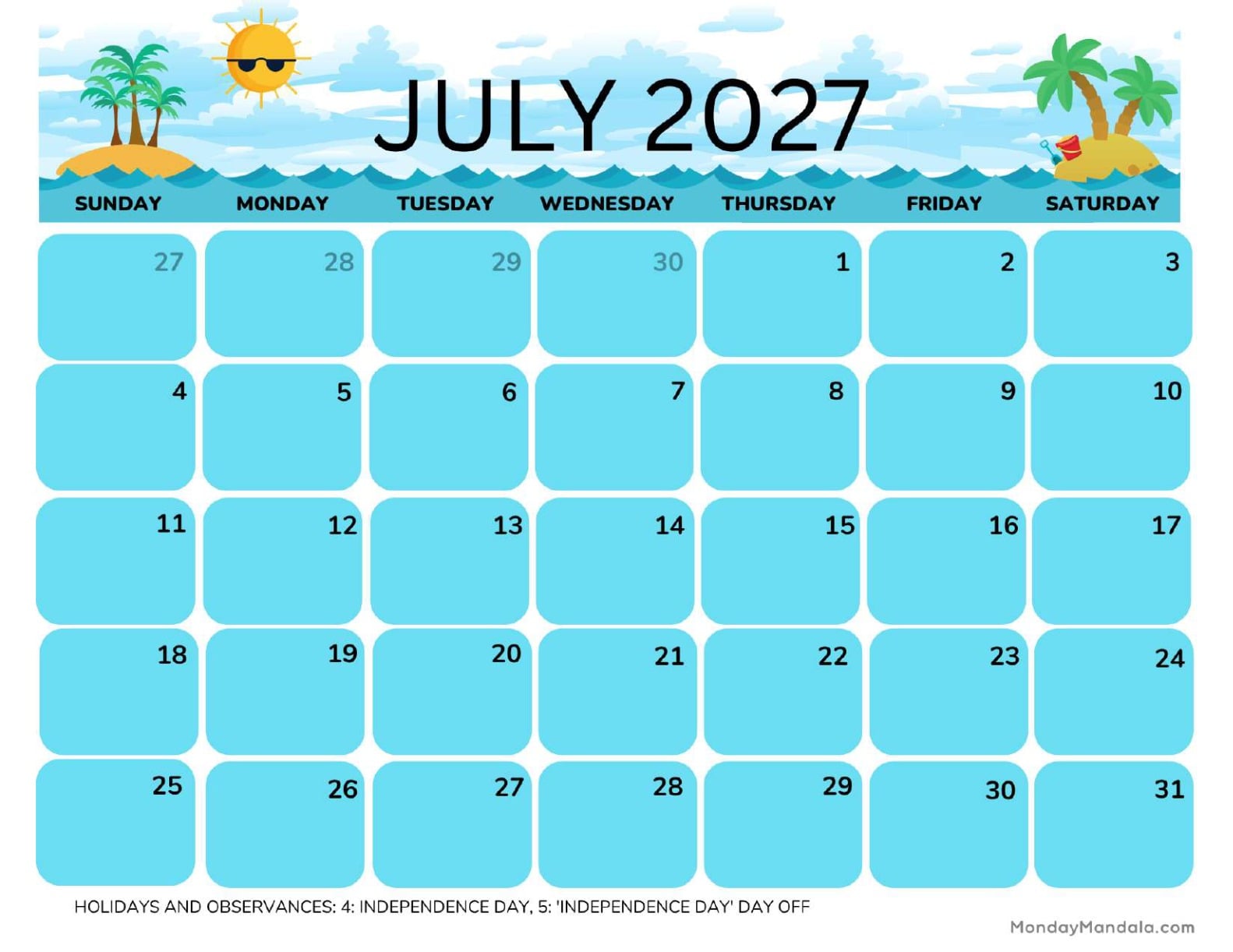 July 2027 Calendar Printable Ocean Landscape
