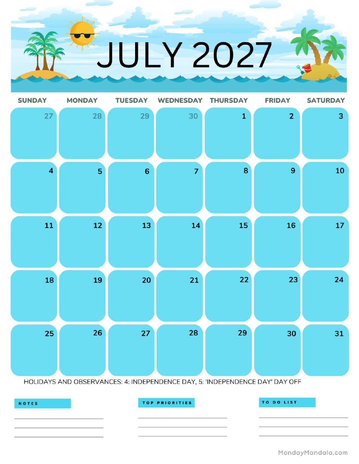 July 2027 Calendar Printable Ocean Portrait