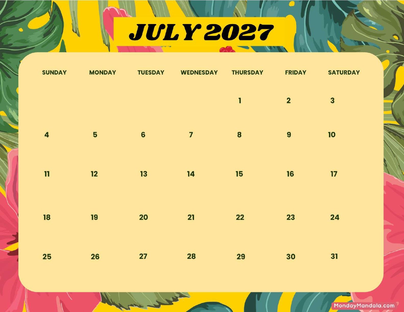 July 2027 Calendar Printable Summer Landscape