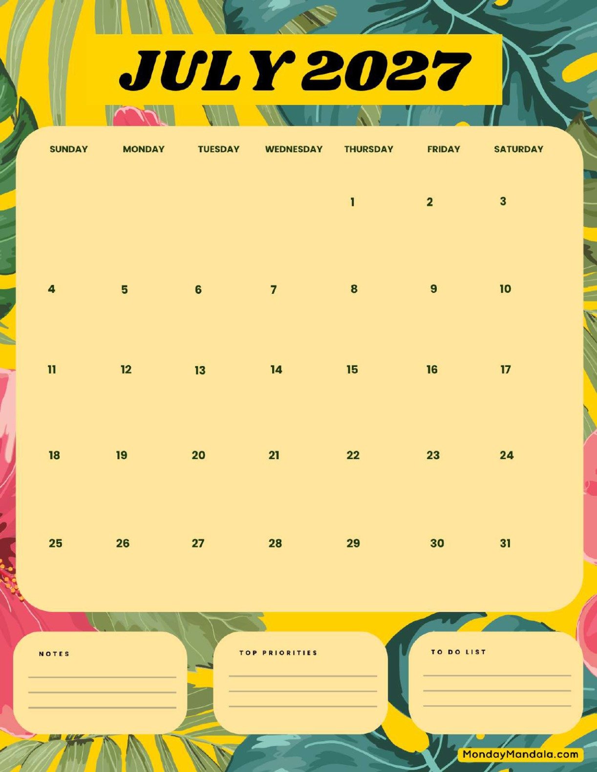 July 2027 Calendar Printable Summer Portrait