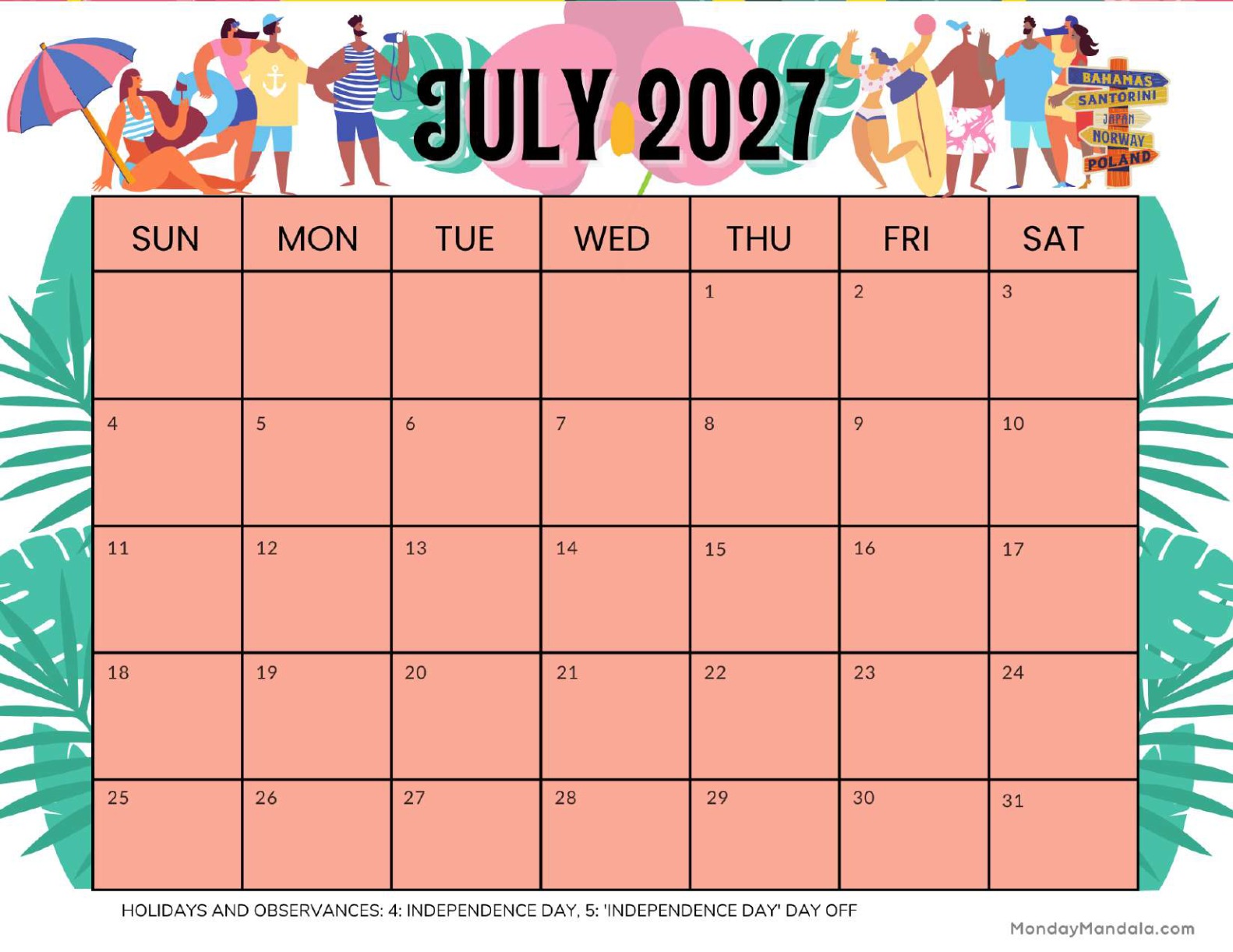 July 2027 Calendar Printable Swimming Landscape