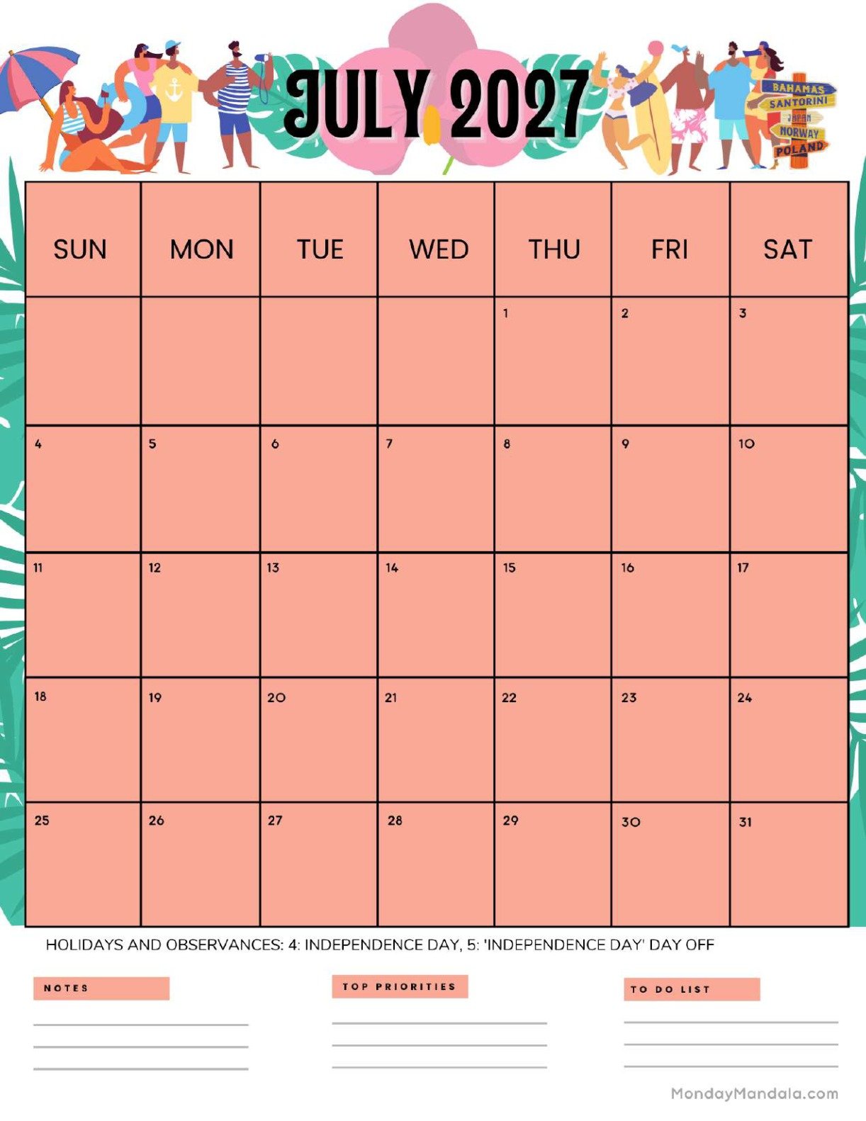 July 2027 Calendar Printable Swimming Portrait