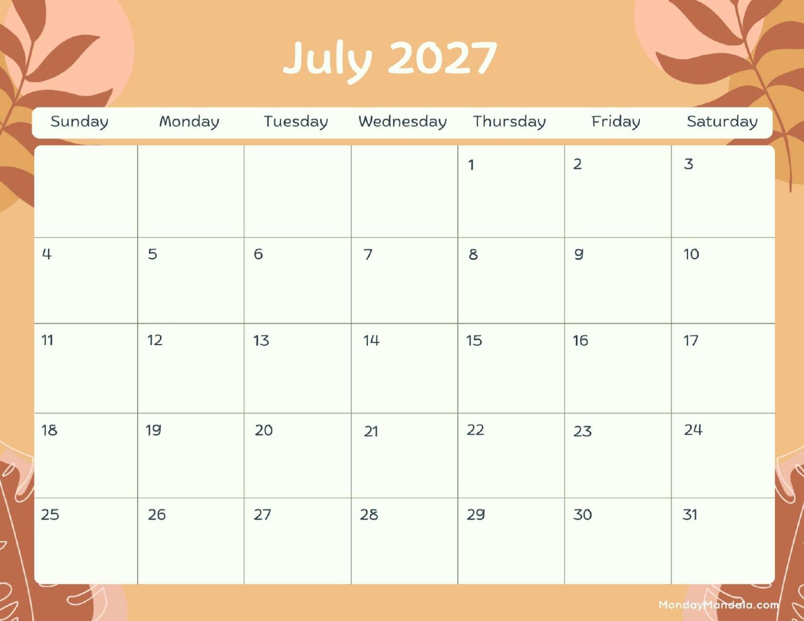 July 2027 Calendar Printable Terracotta Landscape