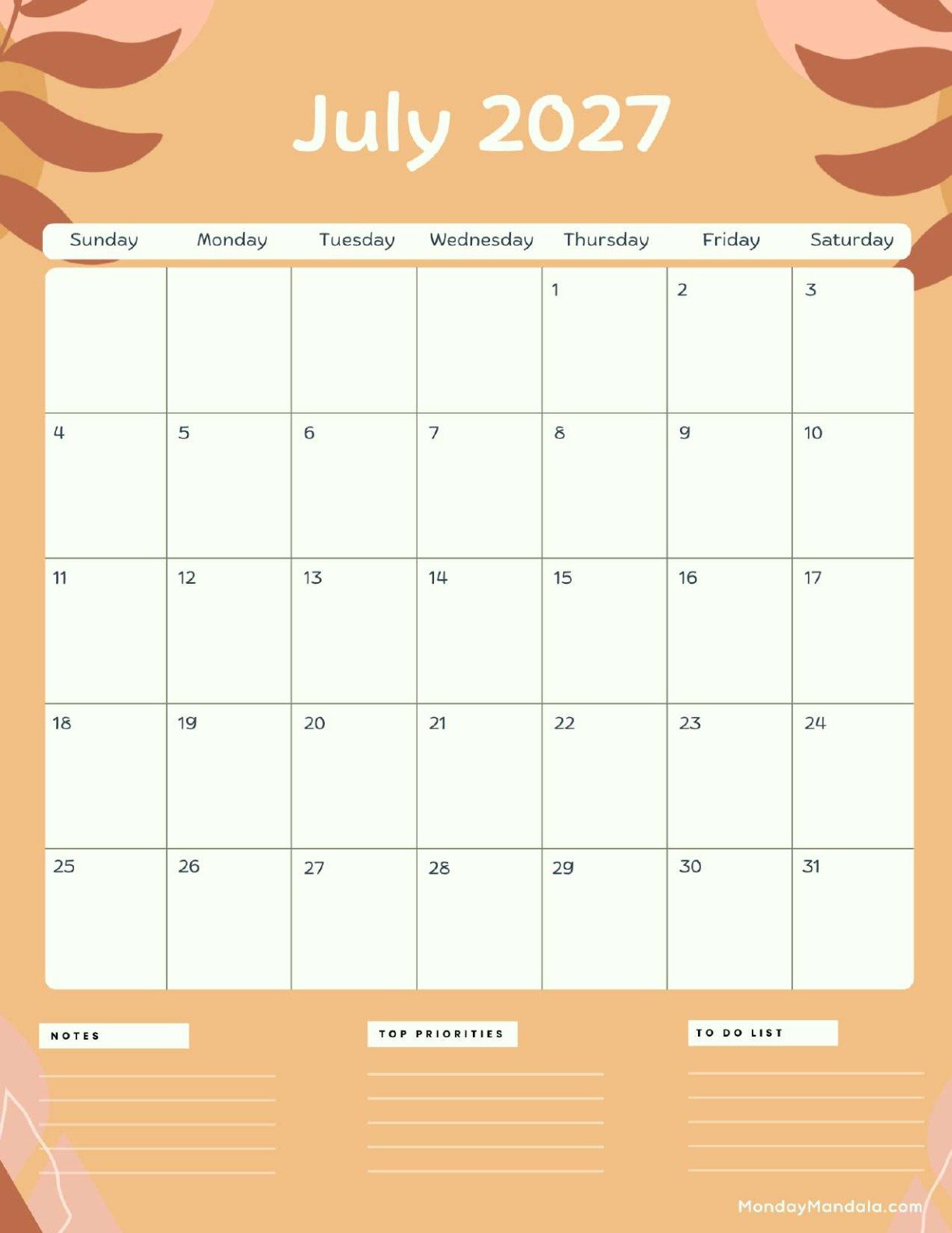 July 2027 Calendar Printable Terracotta Portrait