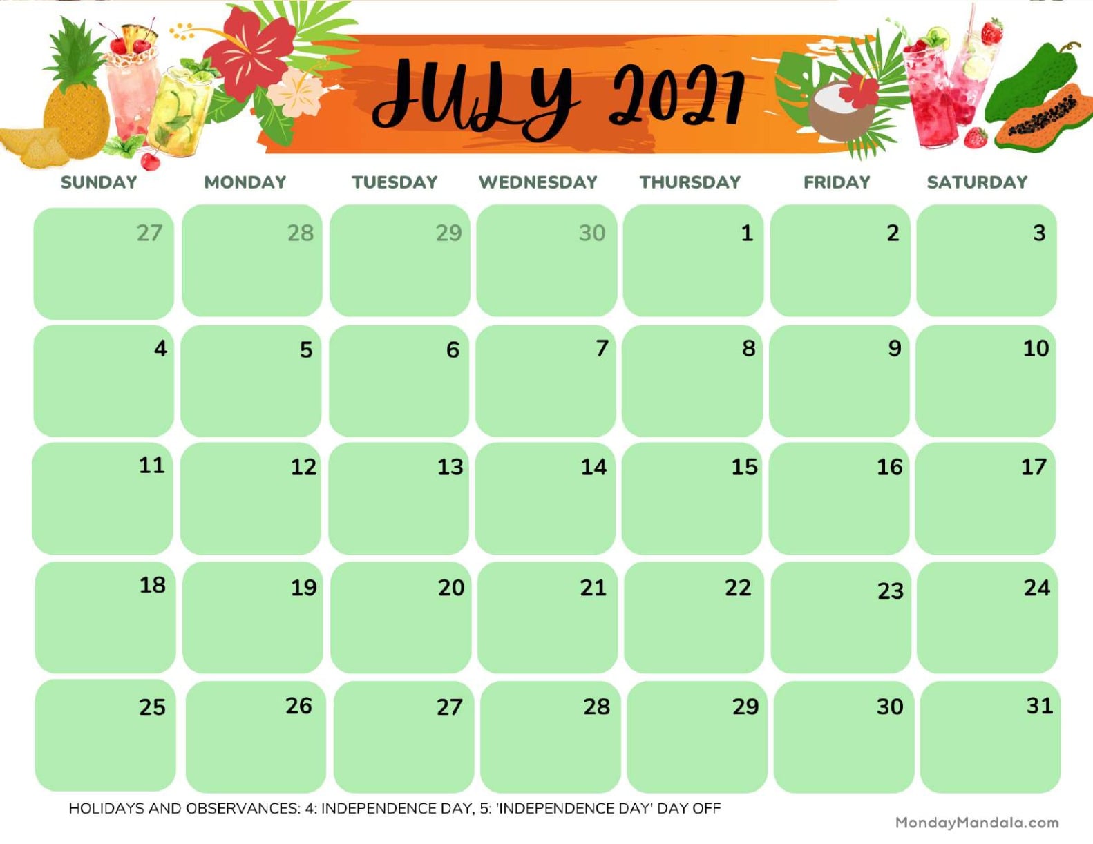 July 2027 Calendar Printable Tropical Landscape