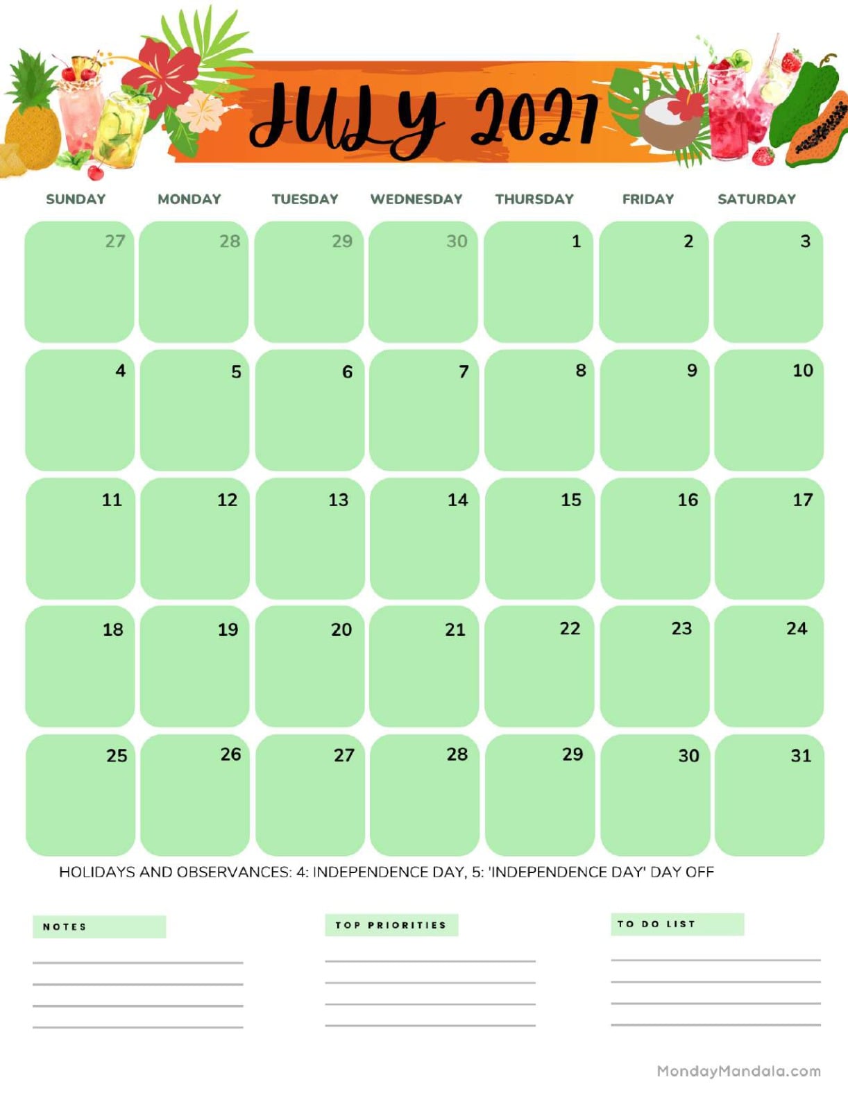 July 2027 Calendar Printable Tropical Portrait