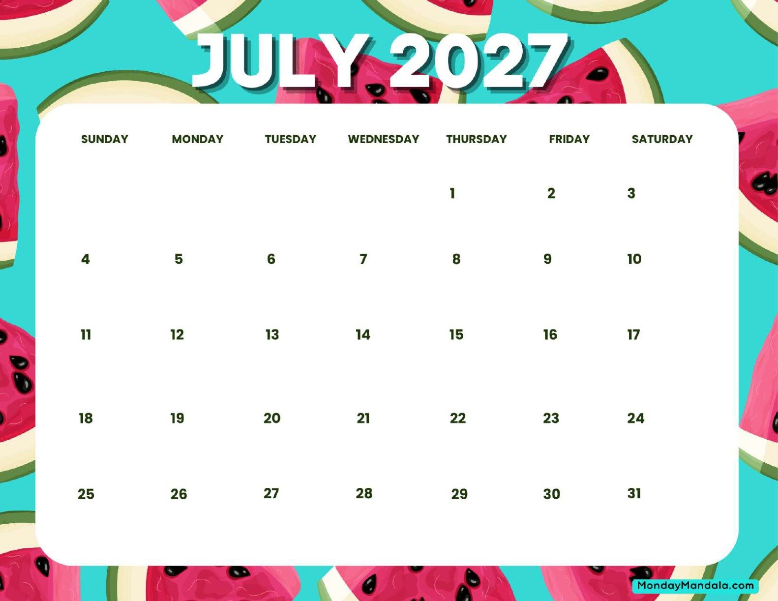 July 2027 Calendar Printable Watermelon Landscape