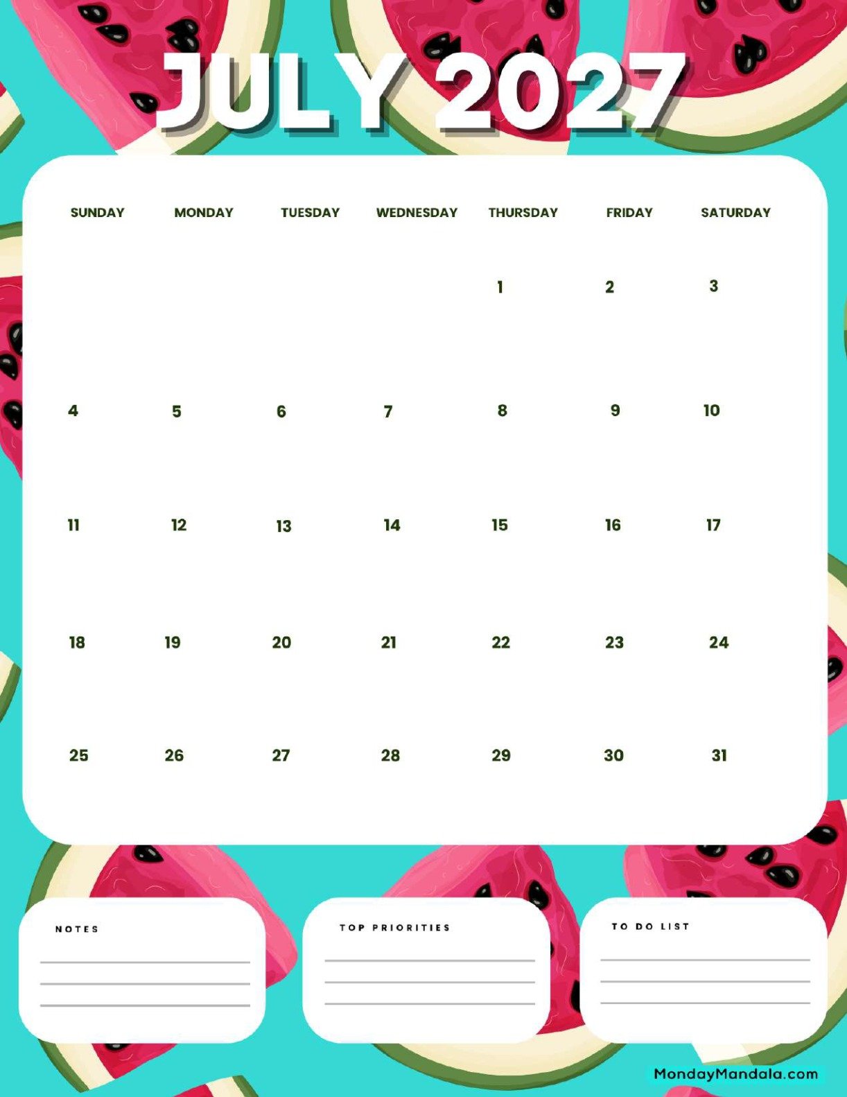 July 2027 Calendar Printable Watermelon Portrait