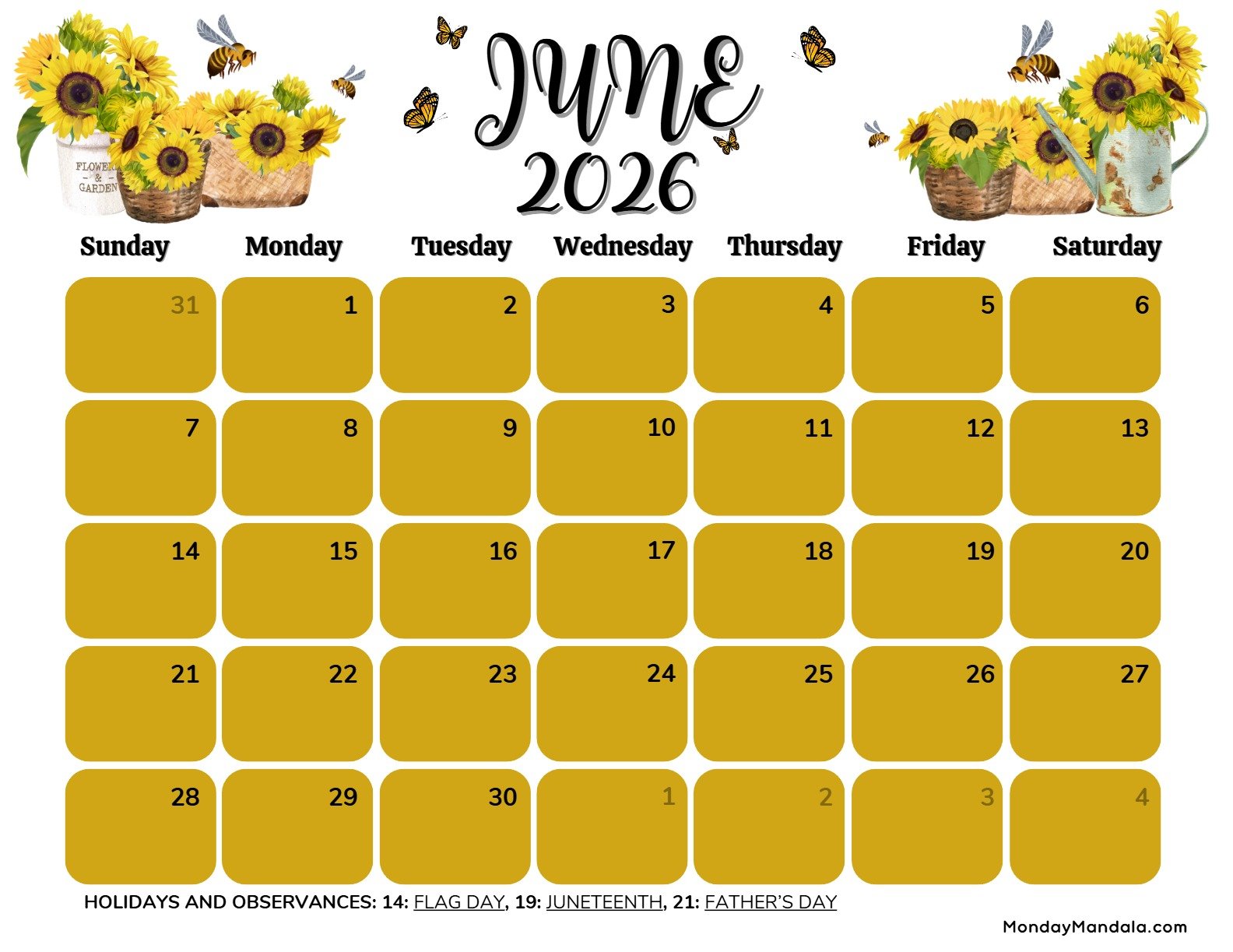 June 2026 Calendar Printable Bees Landscape v2