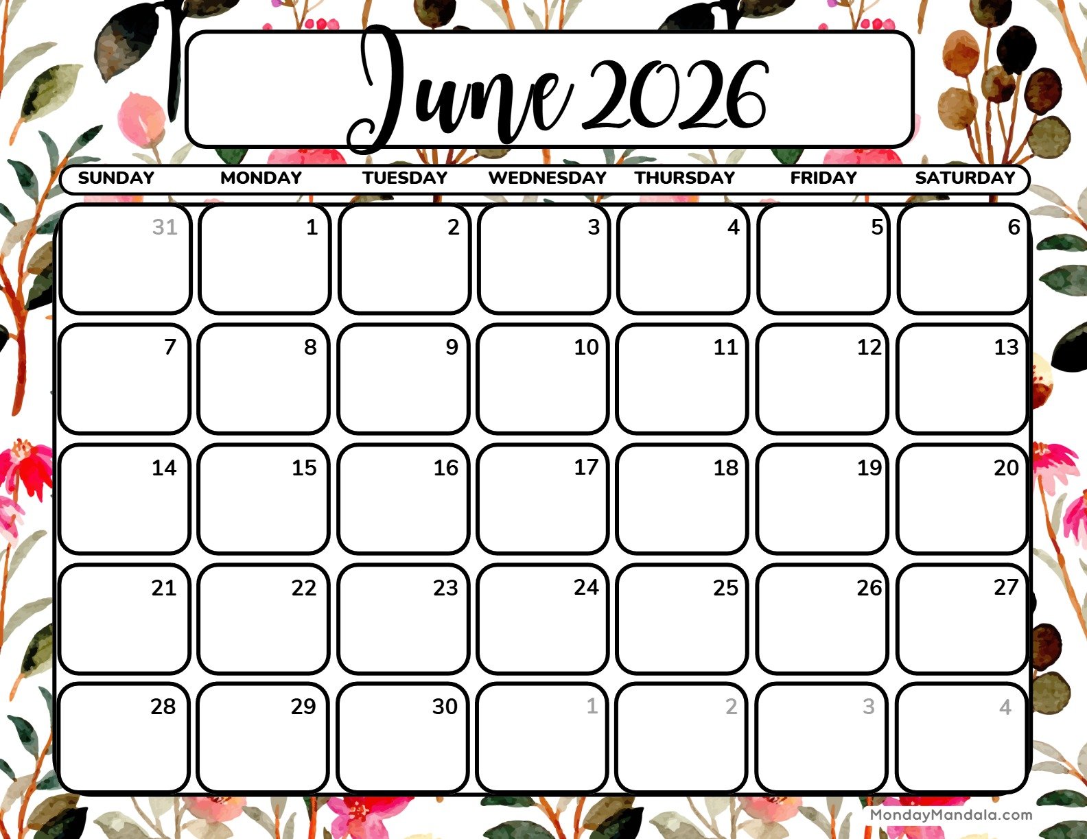 June 2026 Calendar Printable Bloom Landscape v2