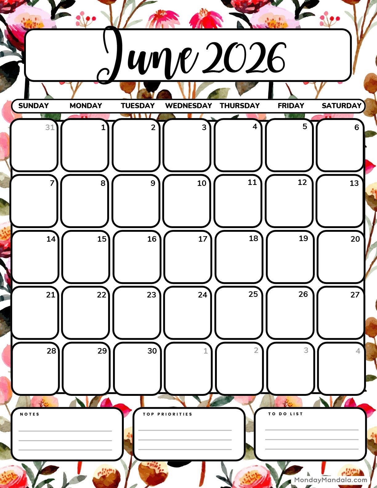 June 2026 Calendar Printable Bloom Portrait v2