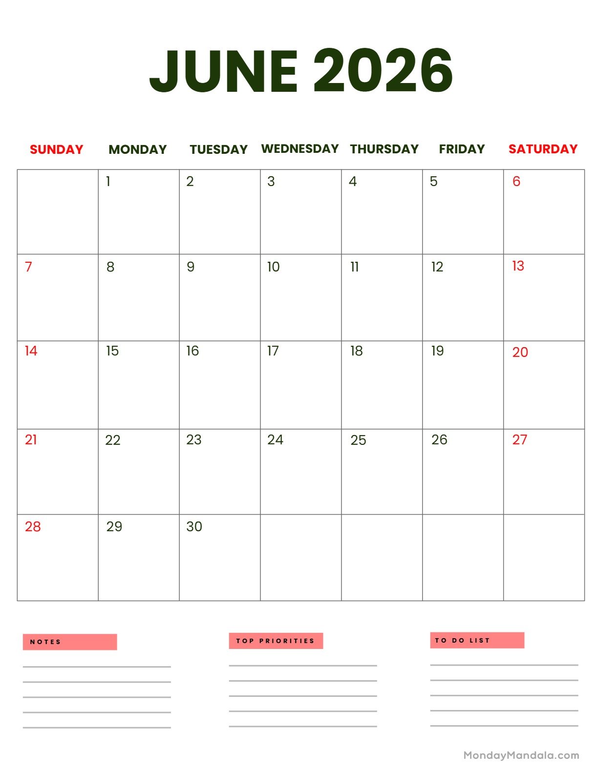 June 2026 Calendar Printable Business Portrait v2