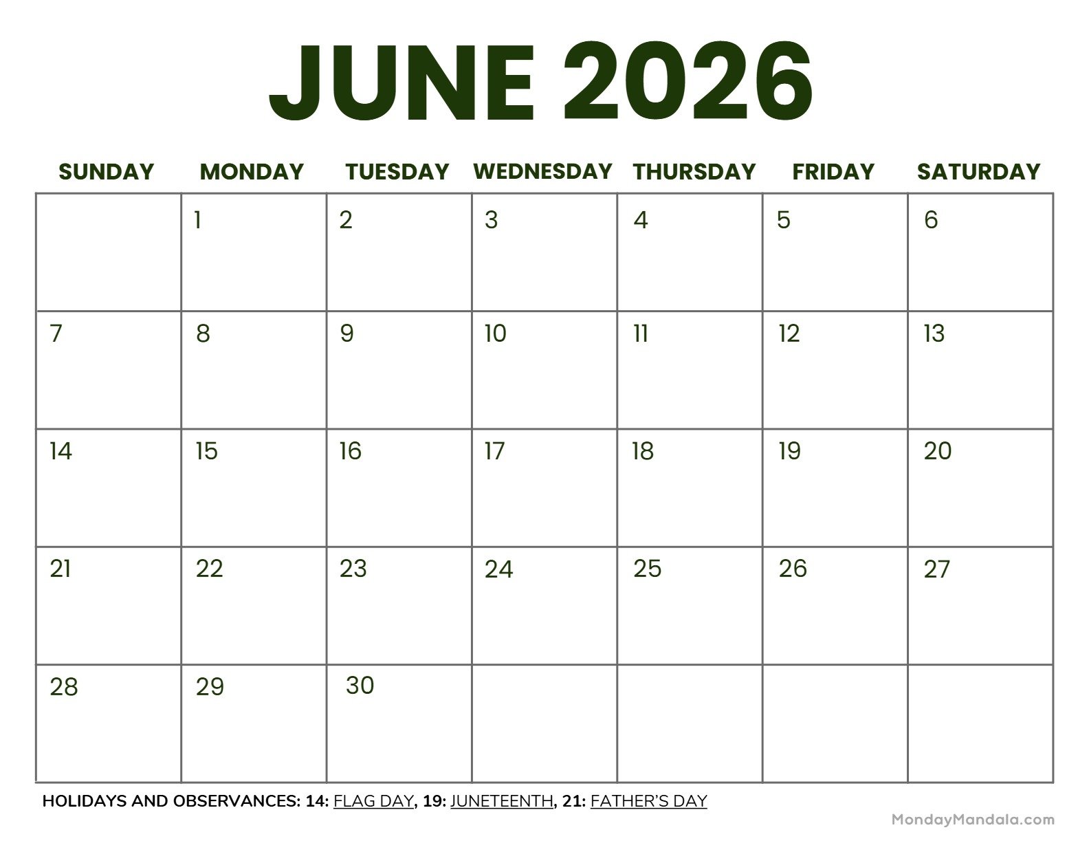 June 2026 Calendar Printable Business2 Landscape v2
