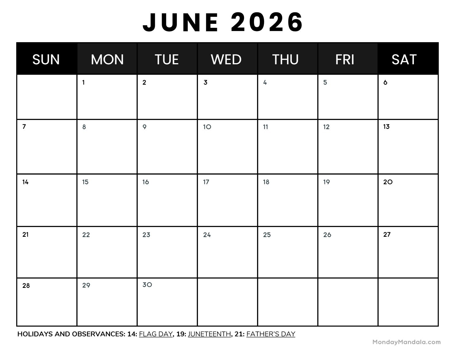 June 2026 Calendar Printable Business4 Landscape v2