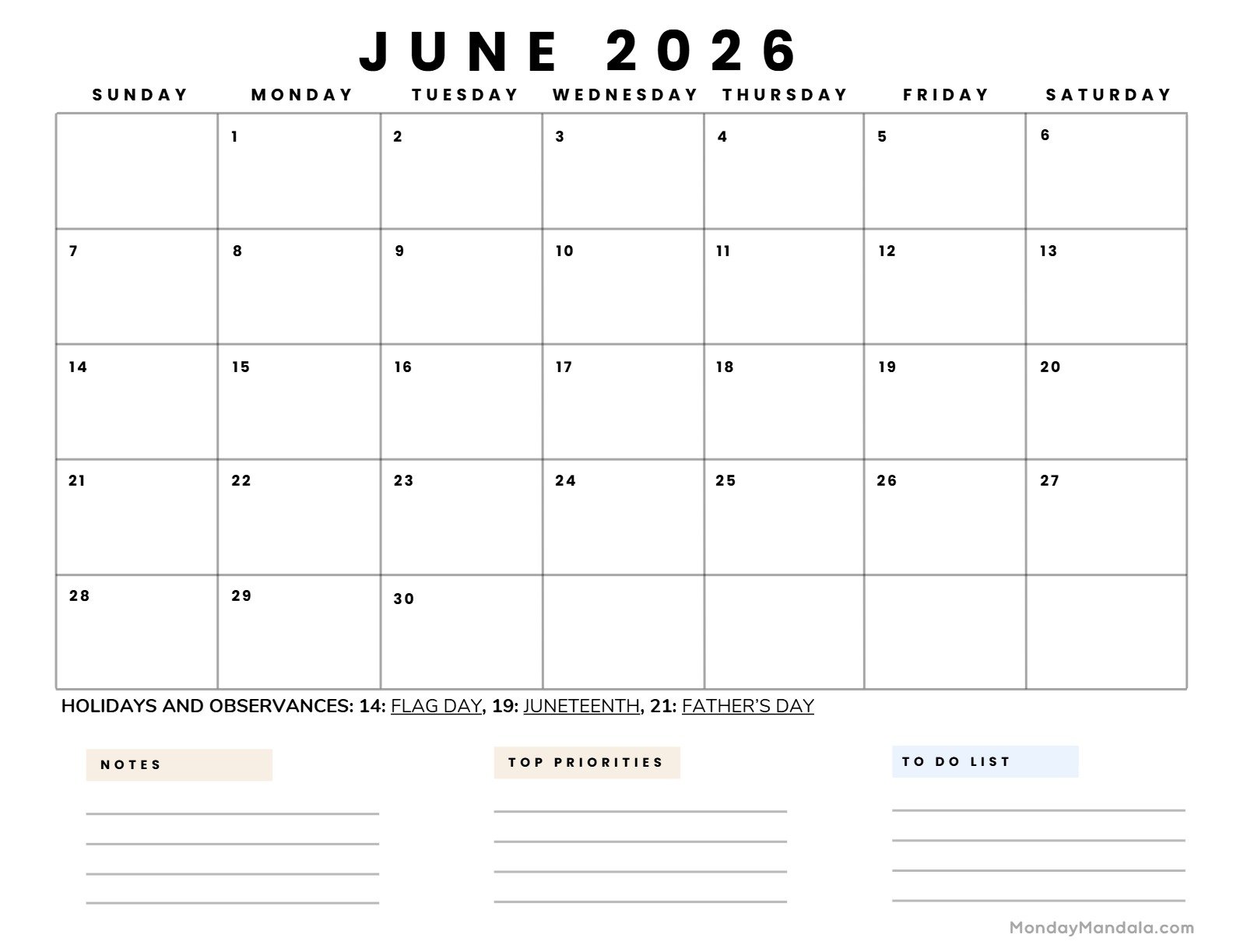 June 2026 Calendar Printable Business5 Landscape v2
