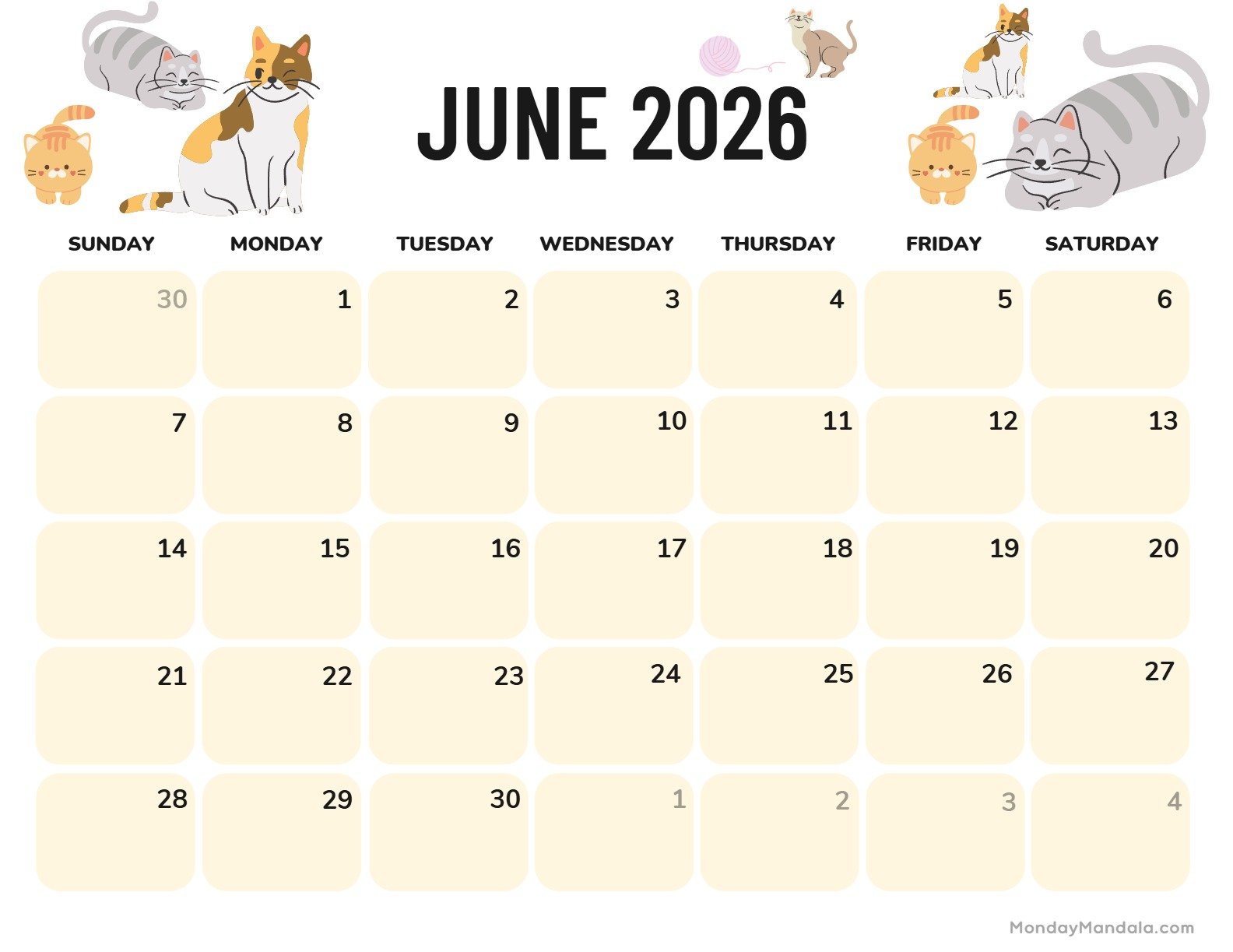 June 2026 Calendar Printable Cats Landscape v2