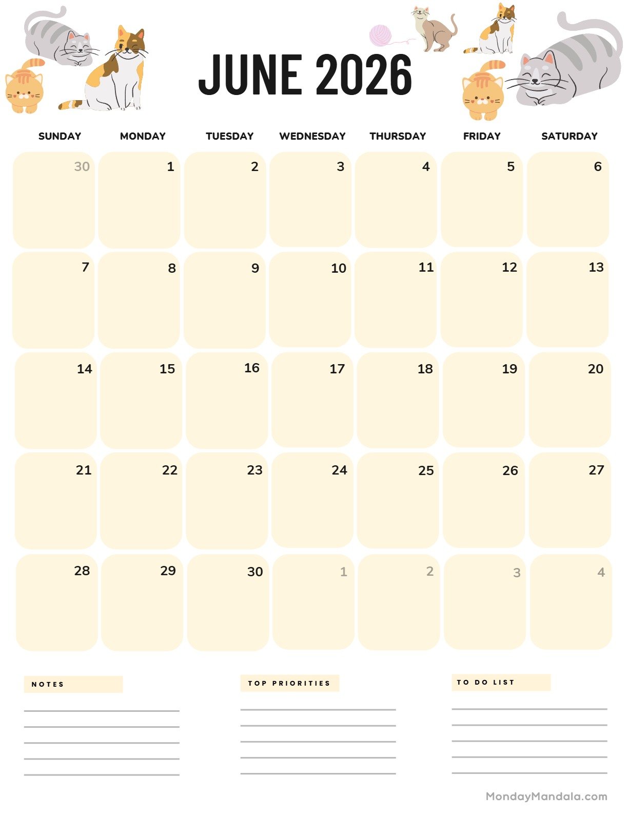 June 2026 Calendar Printable Cats Portrait v2
