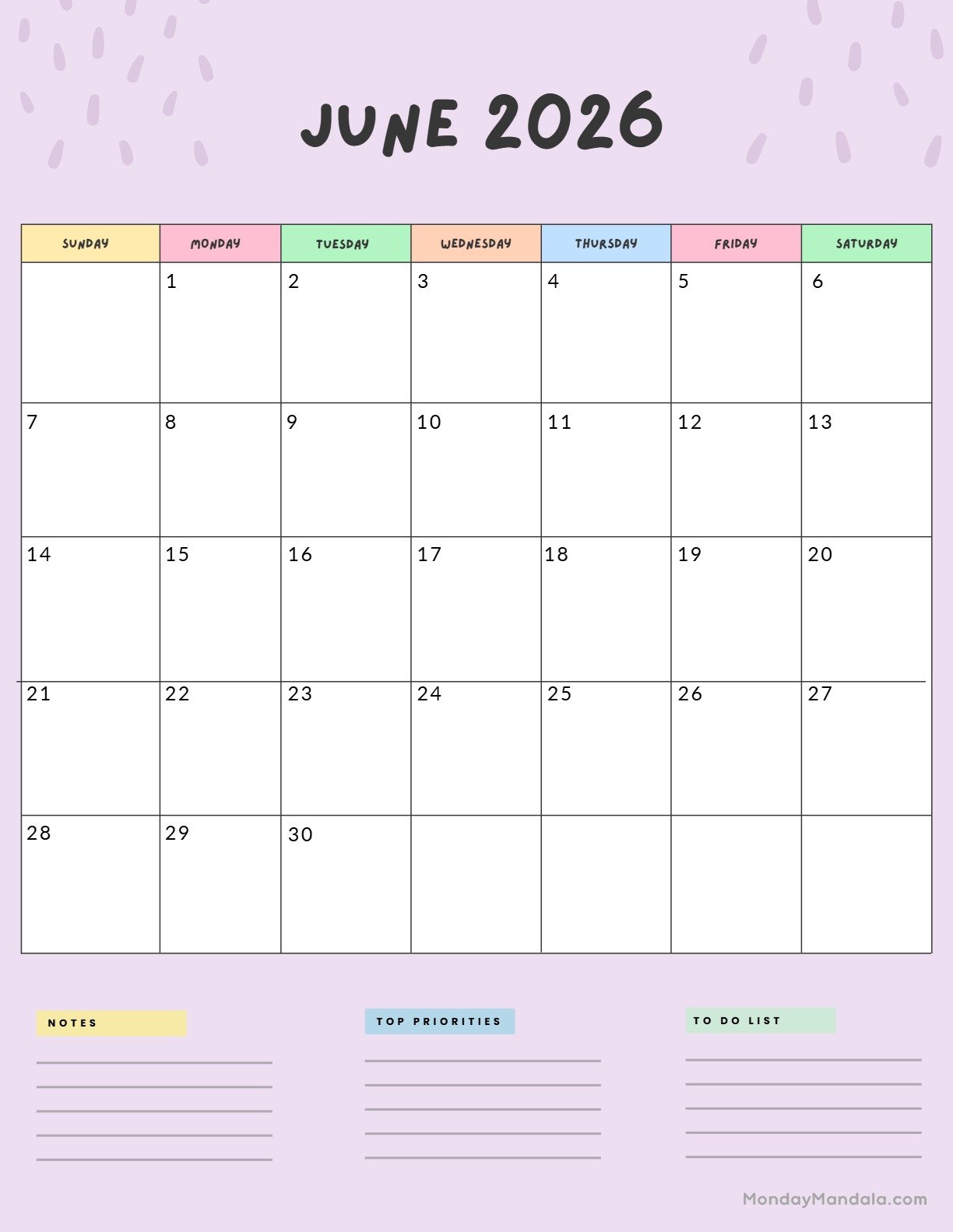 June 2026 Calendar Printable Colorful Portrait v2