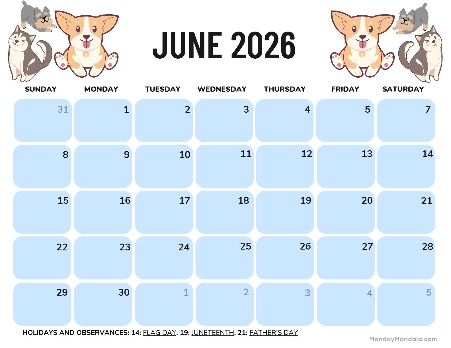 June 2026 Calendar Printable Dogs Landscape v2