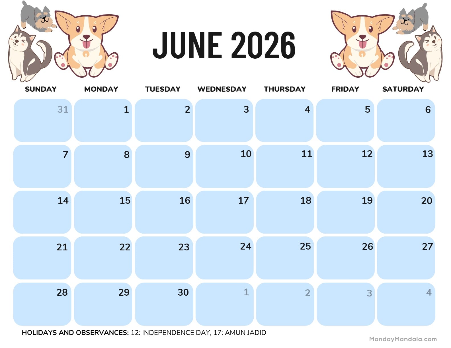 June 2026 Calendar Printable Dogs Landscapev3