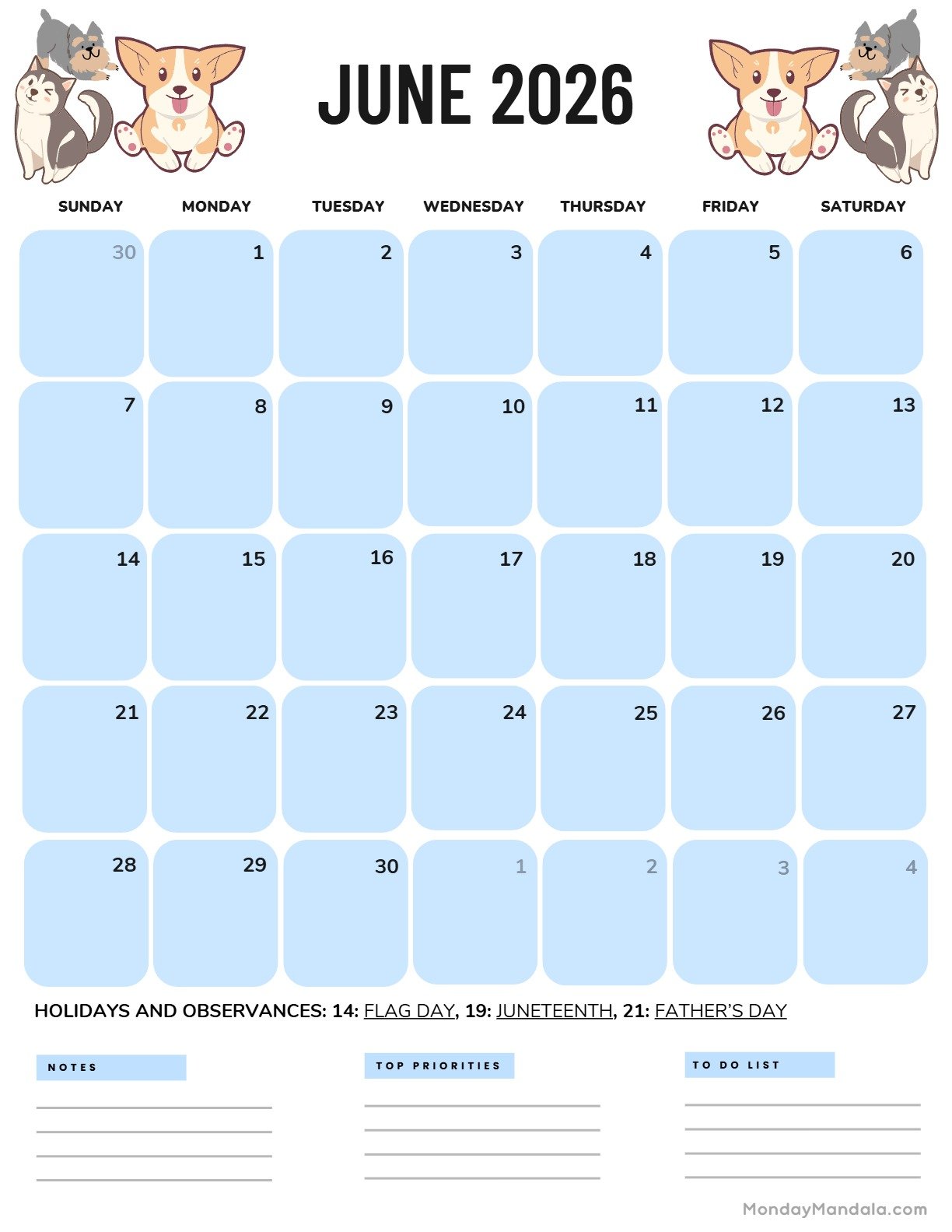 June 2026 Calendar Printable Dogs Portrait v2