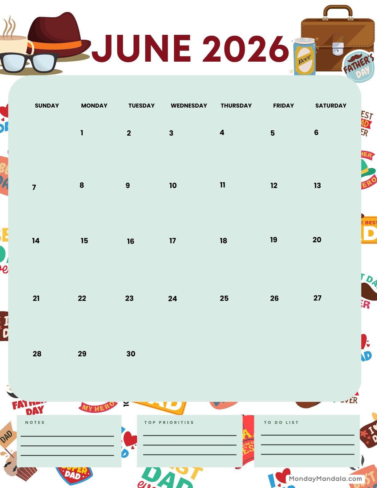 June 2026 Calendar Printable Fathers Day Portrait