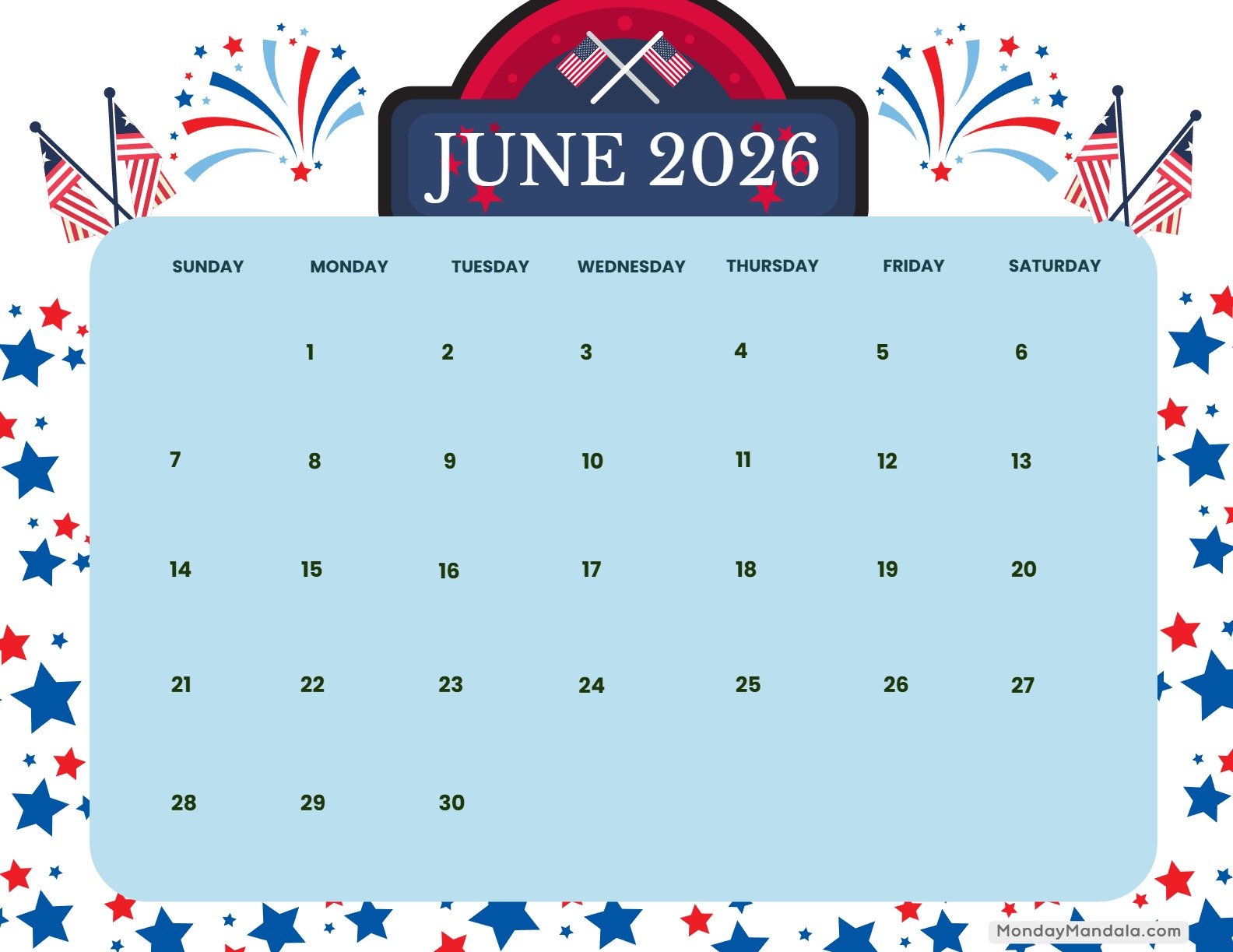 June 2026 Calendar Printable Flag Day Landscape v2