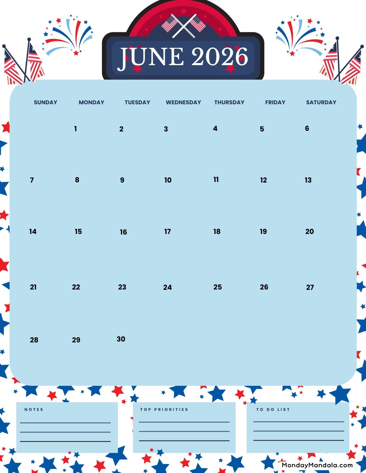 June 2026 Calendar Printable Flag Day Portrait v2