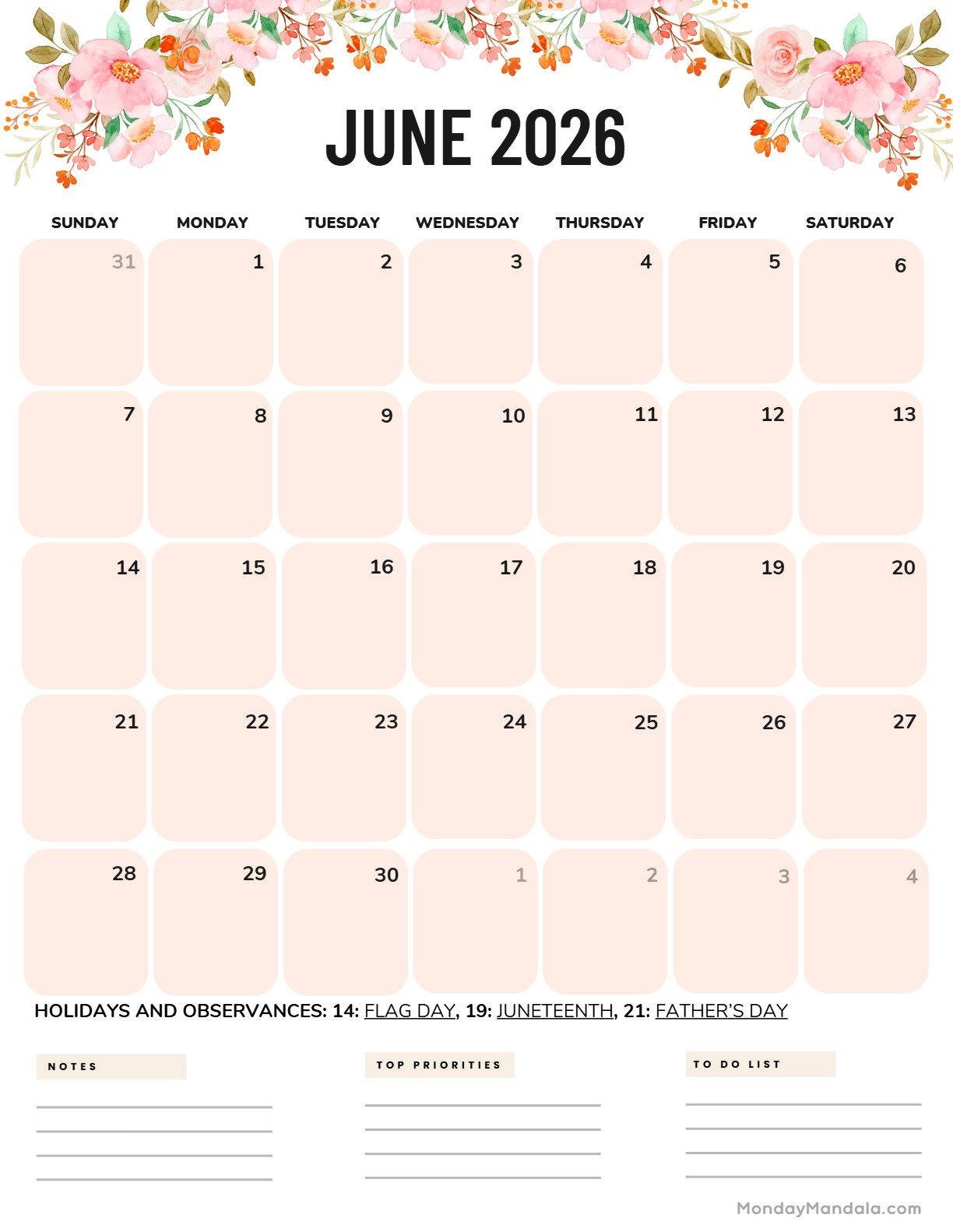 June 2026 Calendar Printable Flowers Portrait v2